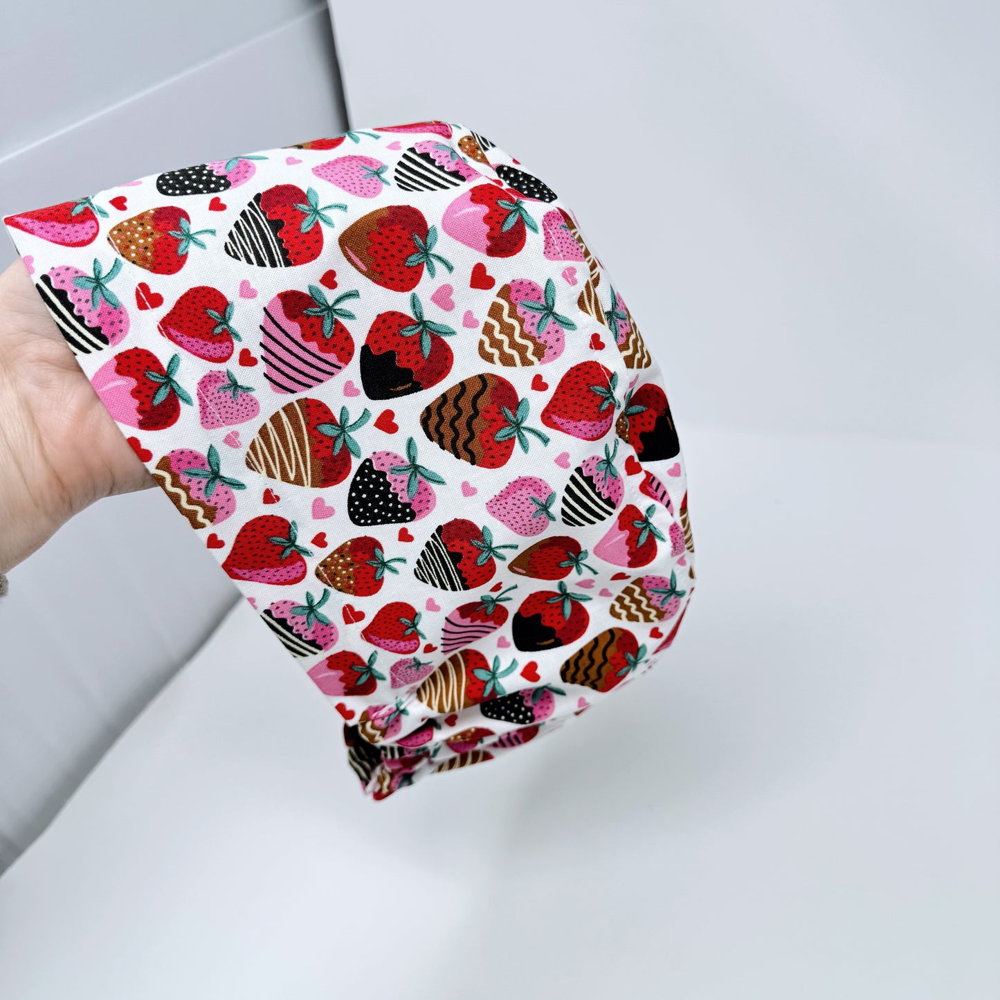 Strawberry Euro Scrub Cap for Women, Valentine's day Surgical hat with Satin Lined Option by Paradise Caps.