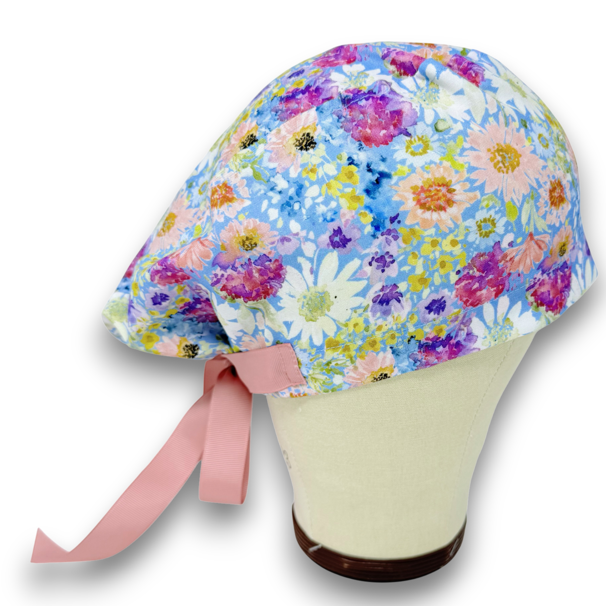 Summer Euro scrub cap with ties for Women. Watercolor Floral Print European Surgical cap with Satin Lined by Paradise Caps.