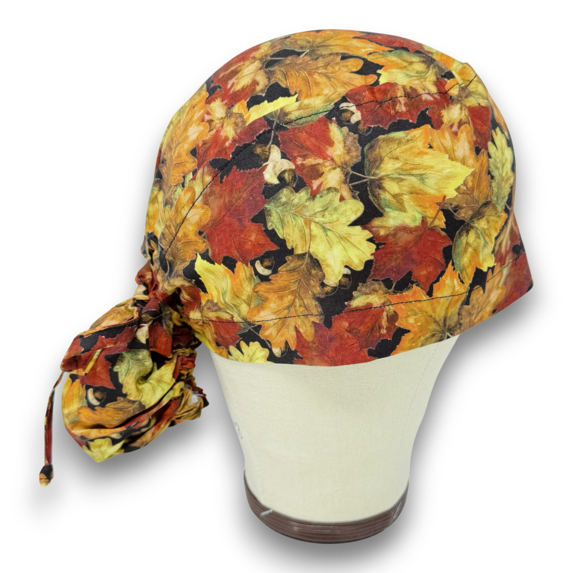 Fall leaves Ponytail scrub cap for women with satin lined option by Paradise Caps.