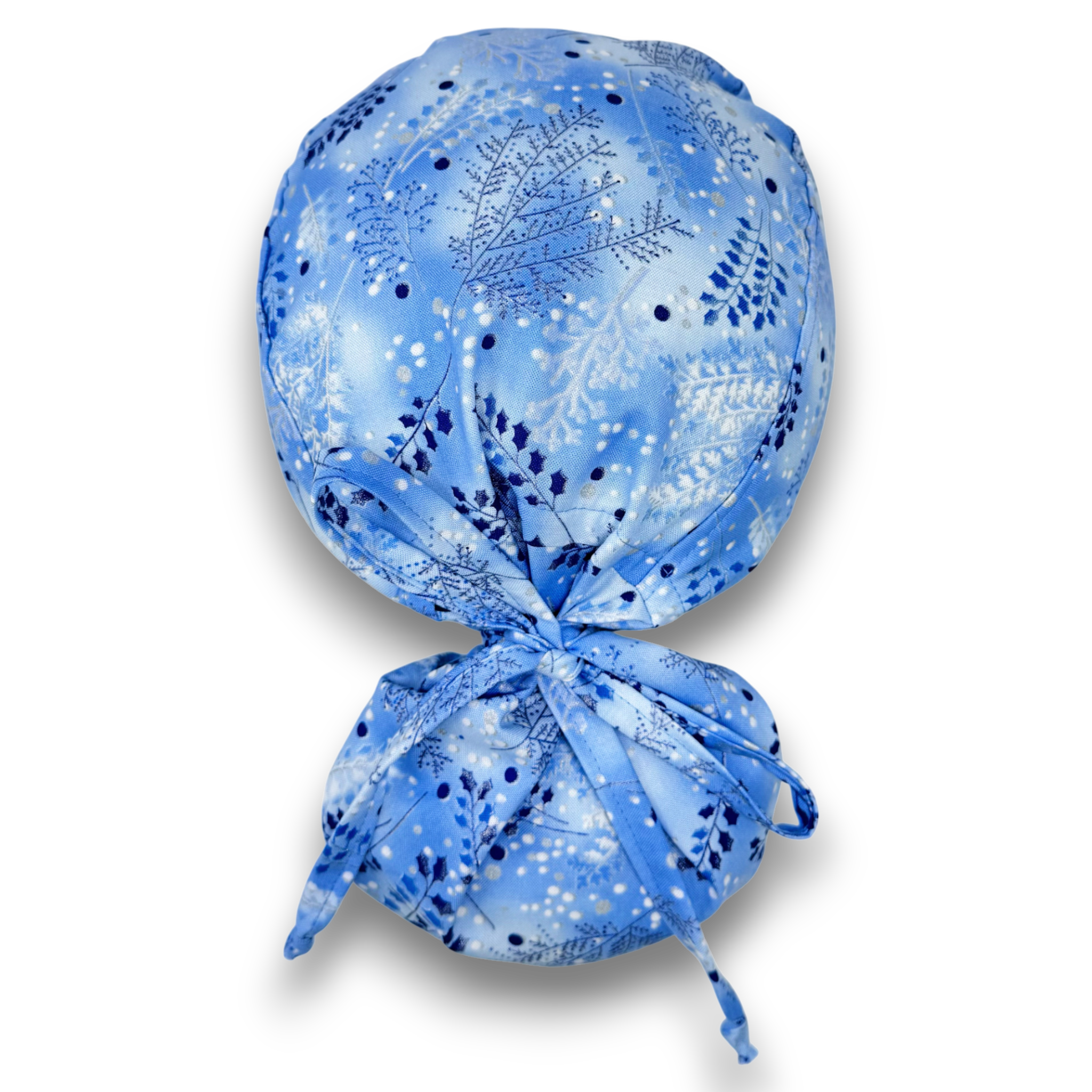 Snowy Forest Ponytail scrub cap with Satin Lined. Christmas scrub hats for women by Paradise Caps.