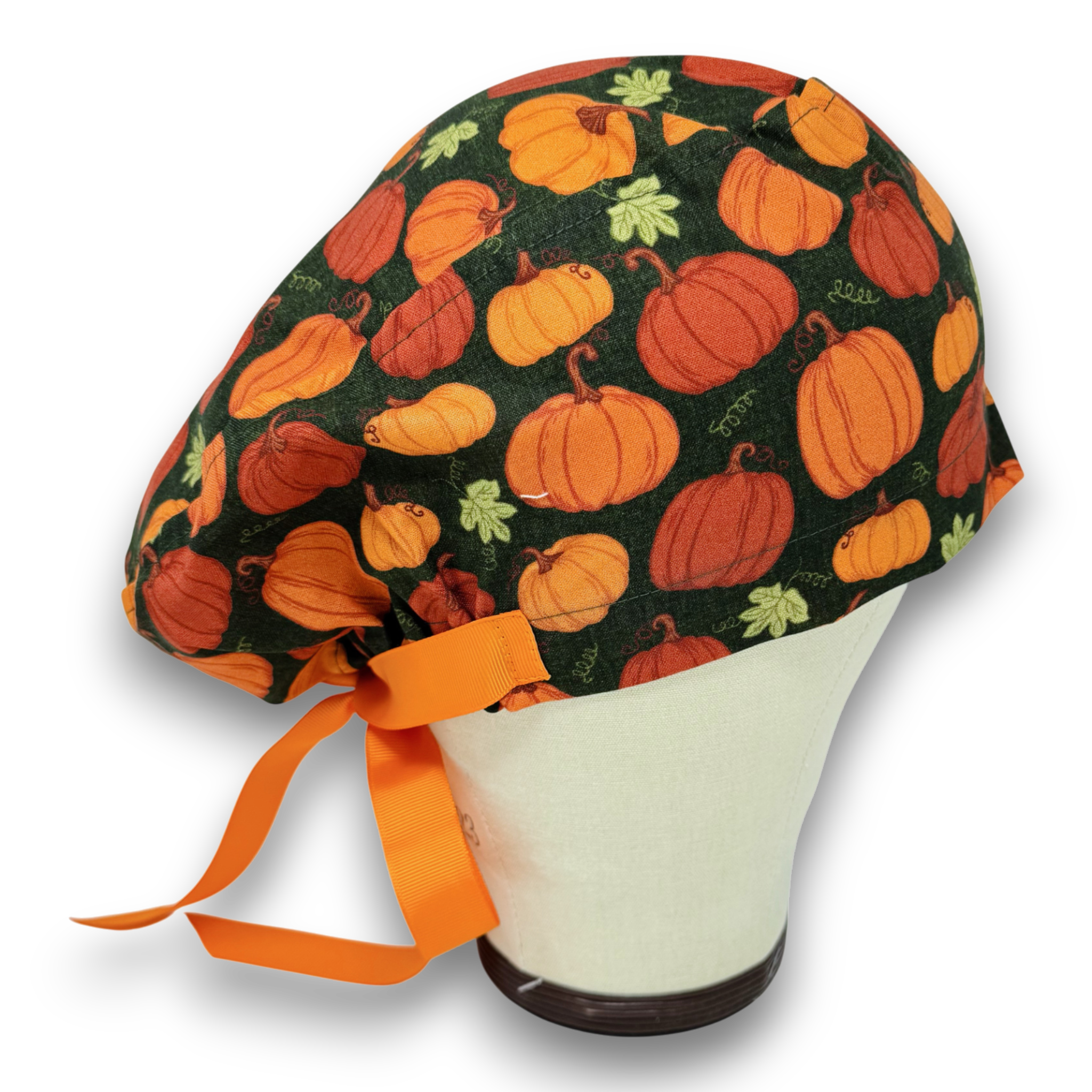 Dark Green Rustic Pumpkins Euro scrub cap with ties for Women by Paradise Caps. Euro PLUS style.