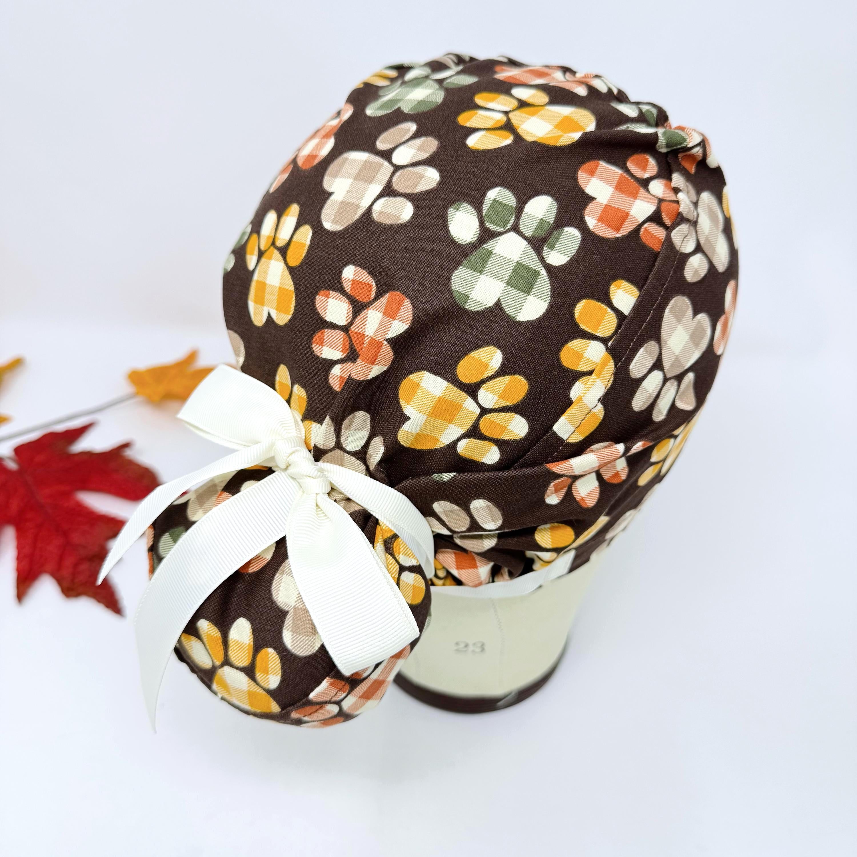 Paw Euro scrub cap with ties for Women, Fall European Surgical cap with Satin Lined Option by Paradise Caps. Thanksgiving Euro PLUS style