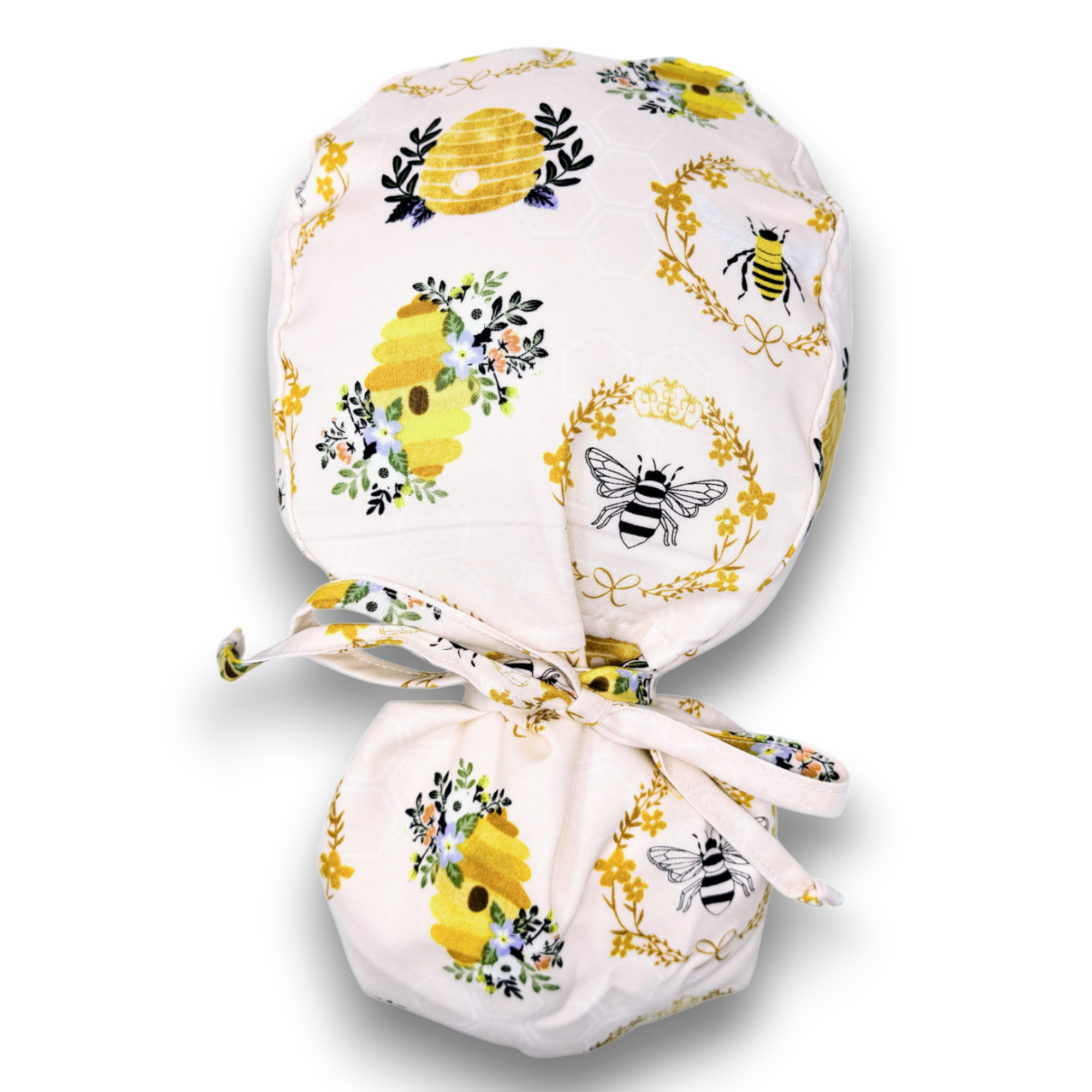 Bee Ponytail scrub cap for women with satin lined option by Paradise Caps.