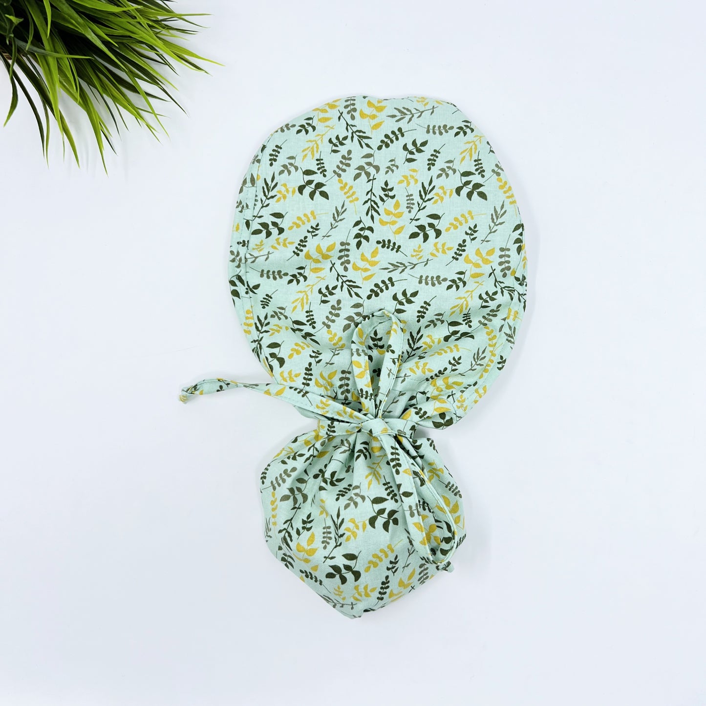 LEAVES MINT Ponytail scrub cap, Surgical cap women. Satin Lined Option Surgical cap with ponytail.