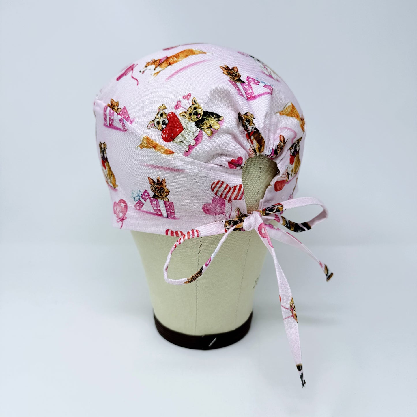 Valentine's day scrub Cap for men. Dog surgical hat. Men's skull tie-back style by Paradise Caps.