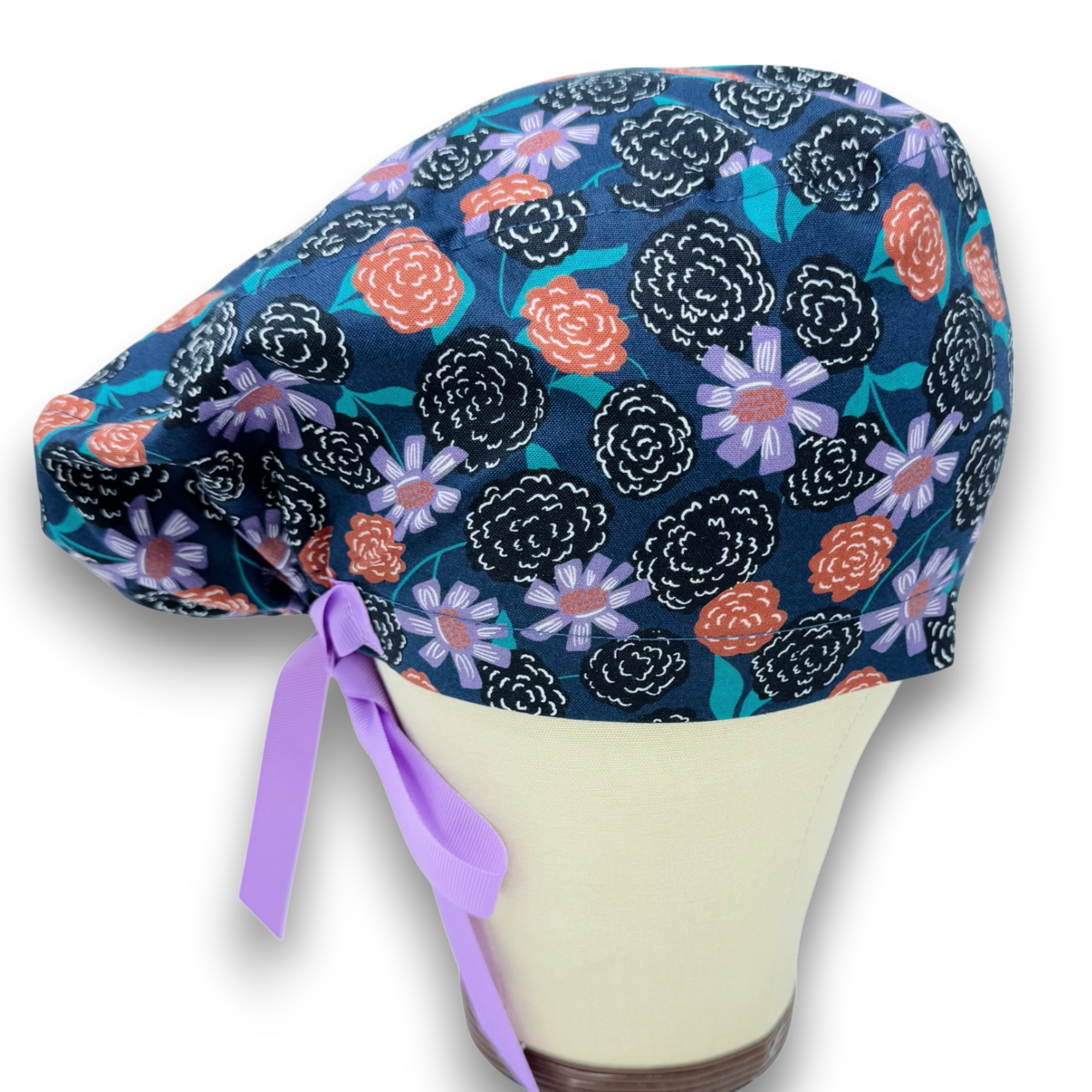 Flower Euro scrub cap with ties for Women by Paradise Caps. Euro PLUS style.