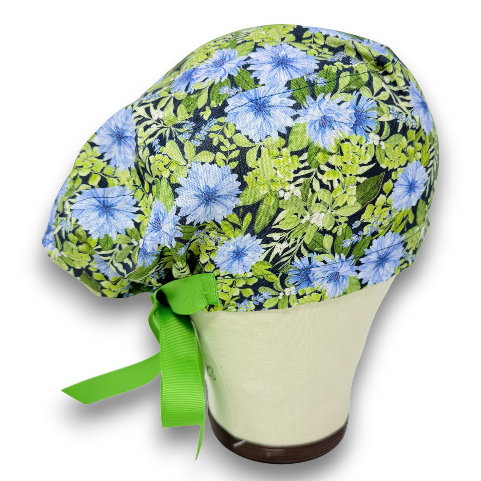 Cornflower Euro scrub cap with ties for Women. Floral European Surgical cap with Satin Lined by Paradise Caps.