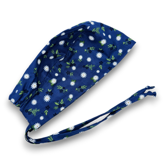 Navy Daisy Skull tie-back style surgical scrub cap by Paradise Caps.