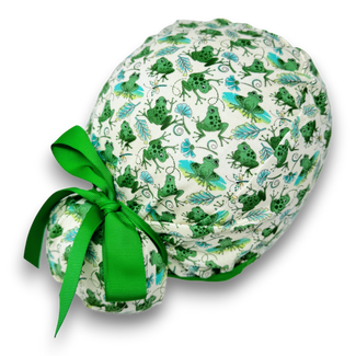 Frog Euro scrub cap with ties for Women. Jungle European Surgical cap with Satin Lined Option by Paradise Caps. Euro PLUS style.