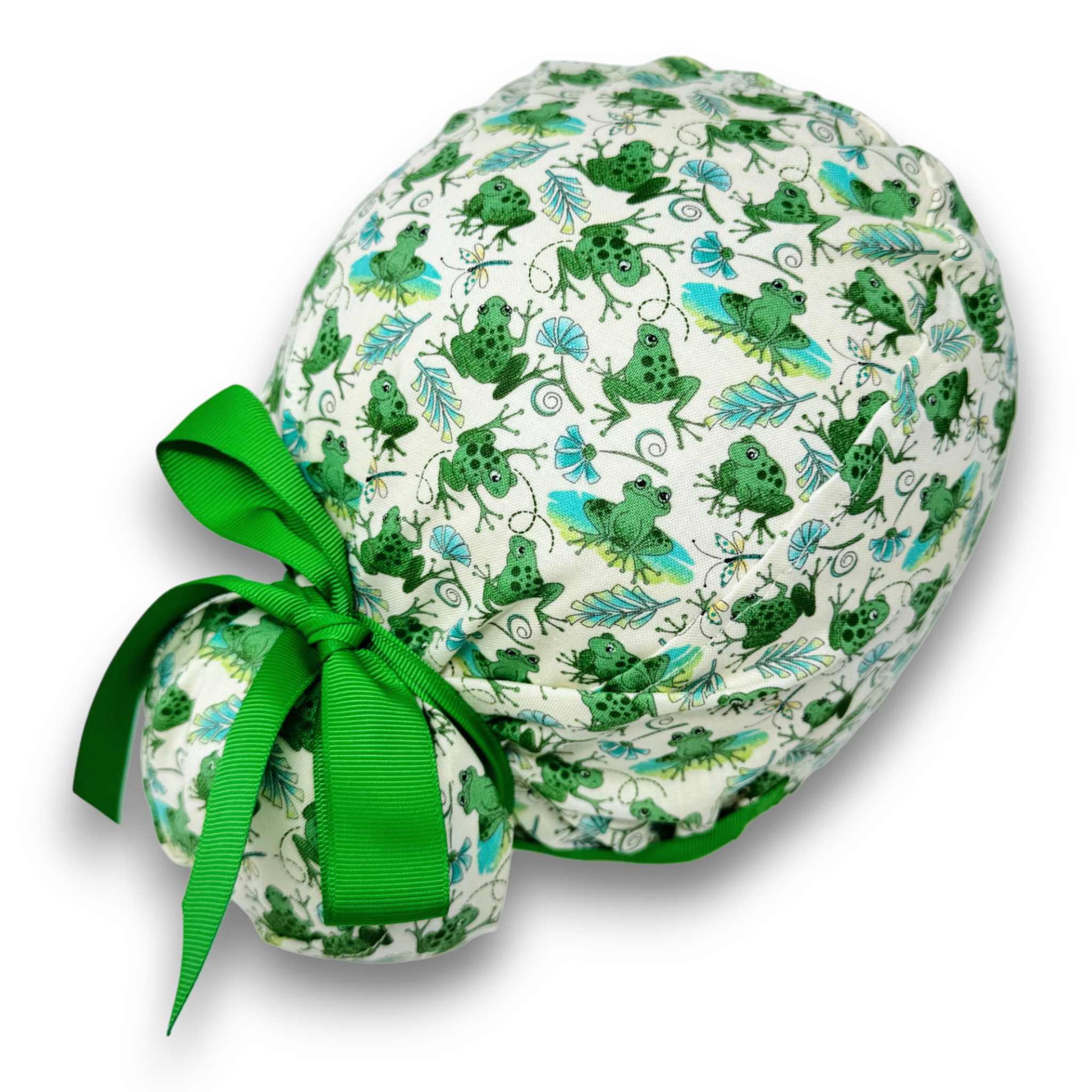 Frog Euro scrub cap with ties for Women. Jungle European Surgical cap with Satin Lined Option by Paradise Caps. Euro PLUS style.