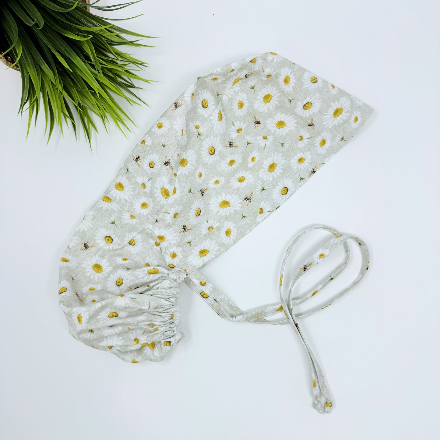 Bee And Daisy Ponytail scrub cap, Surgical cap women. Satin Lined Option Surgical cap with ponytail.