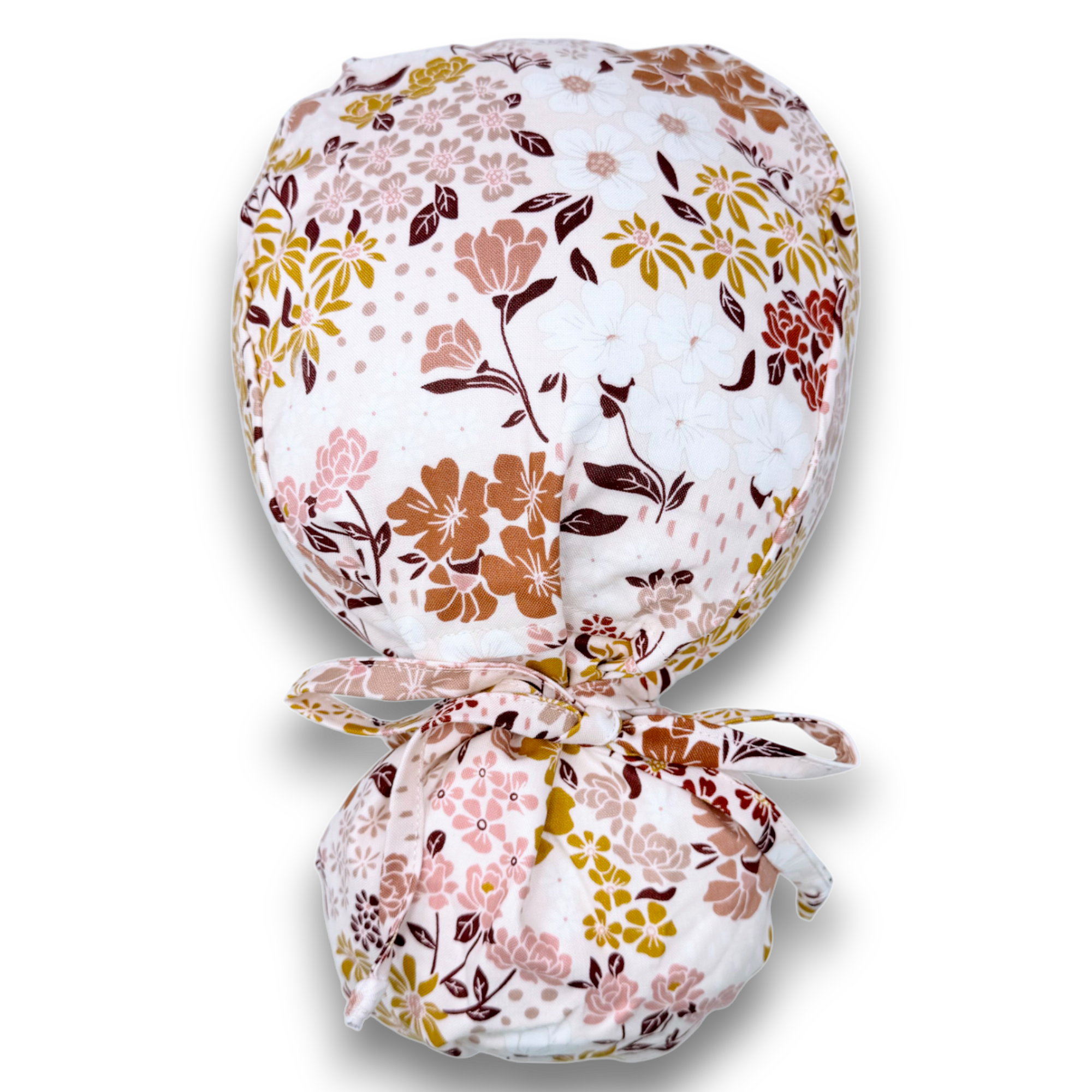 Floral Ponytail scrub cap for women with satin lined option by Paradise Caps.