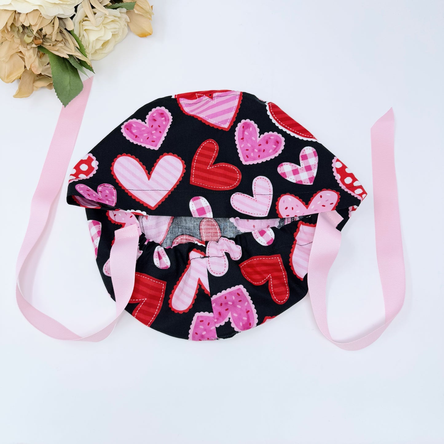 Valentine's day Euro scrub cap with ties for Women, Heart European Surgical cap with Satin Lined by Paradise Caps.