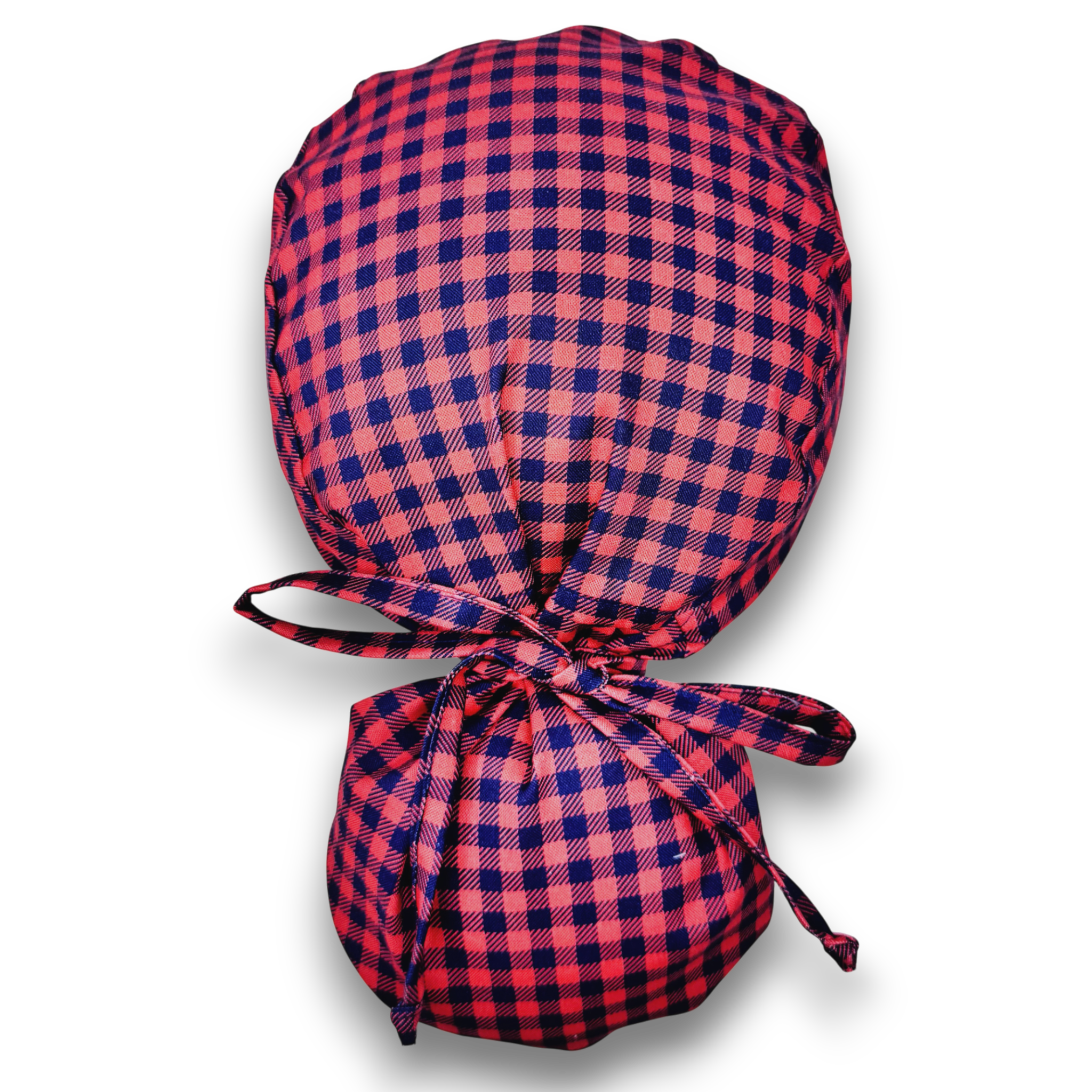 Christmas Plaid Ponytail scrub cap for women with satin lined option by Paradise Caps.