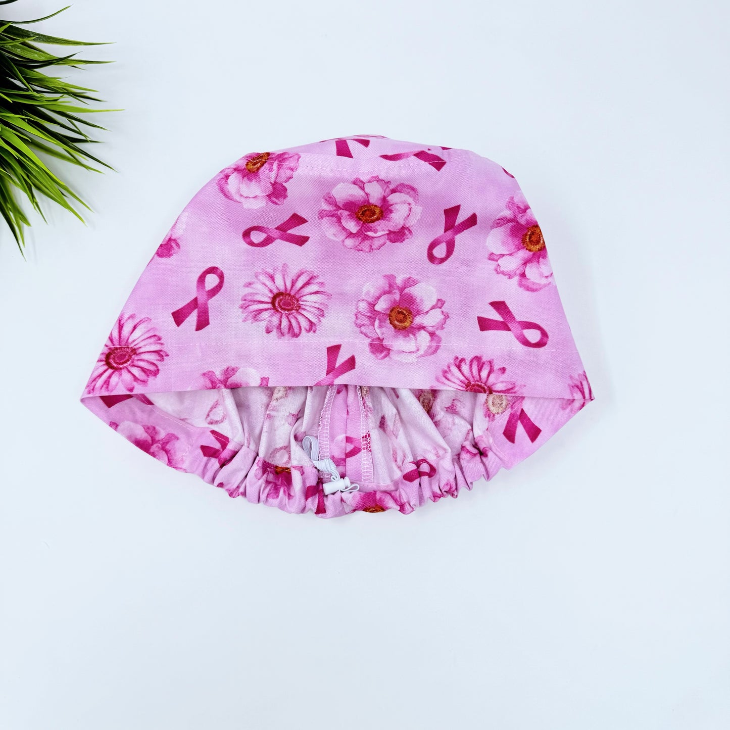 Pink Flower Ribbon Euro Scrub Cap for Women, Surgical cap Satin Lined Option