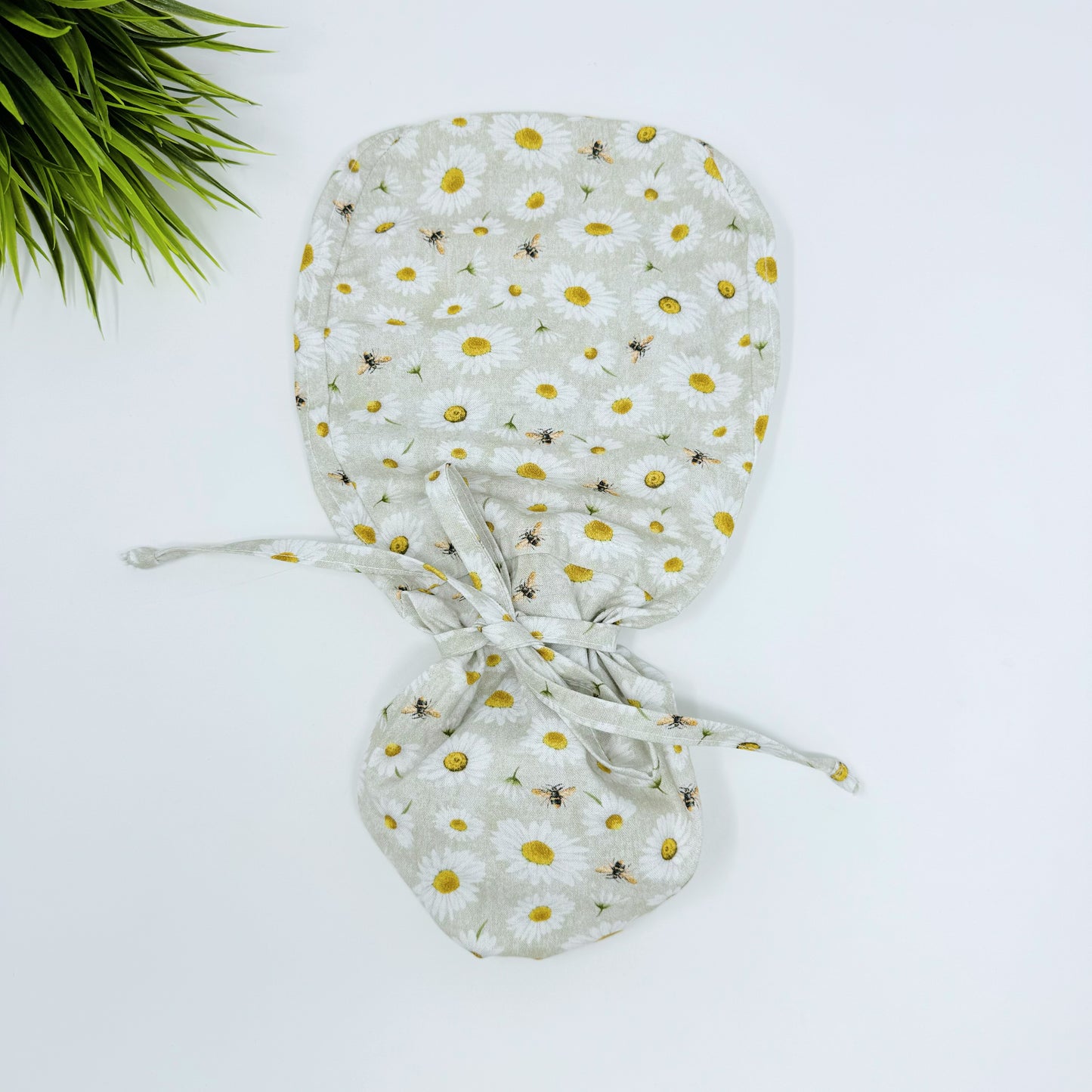 Bee And Daisy Ponytail scrub cap, Surgical cap women. Satin Lined Option Surgical cap with ponytail.