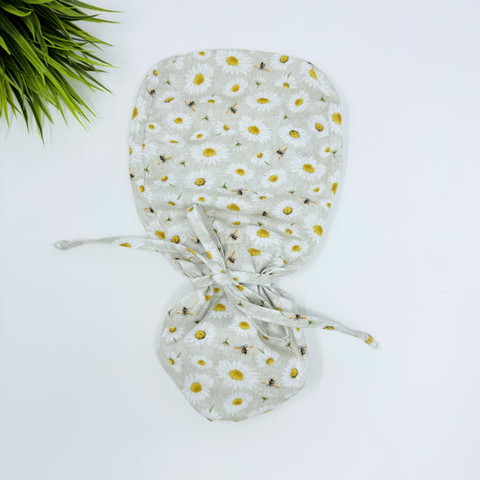 Bee And Daisy Ponytail scrub cap, Surgical cap women. Satin Lined Option Surgical cap with ponytail.