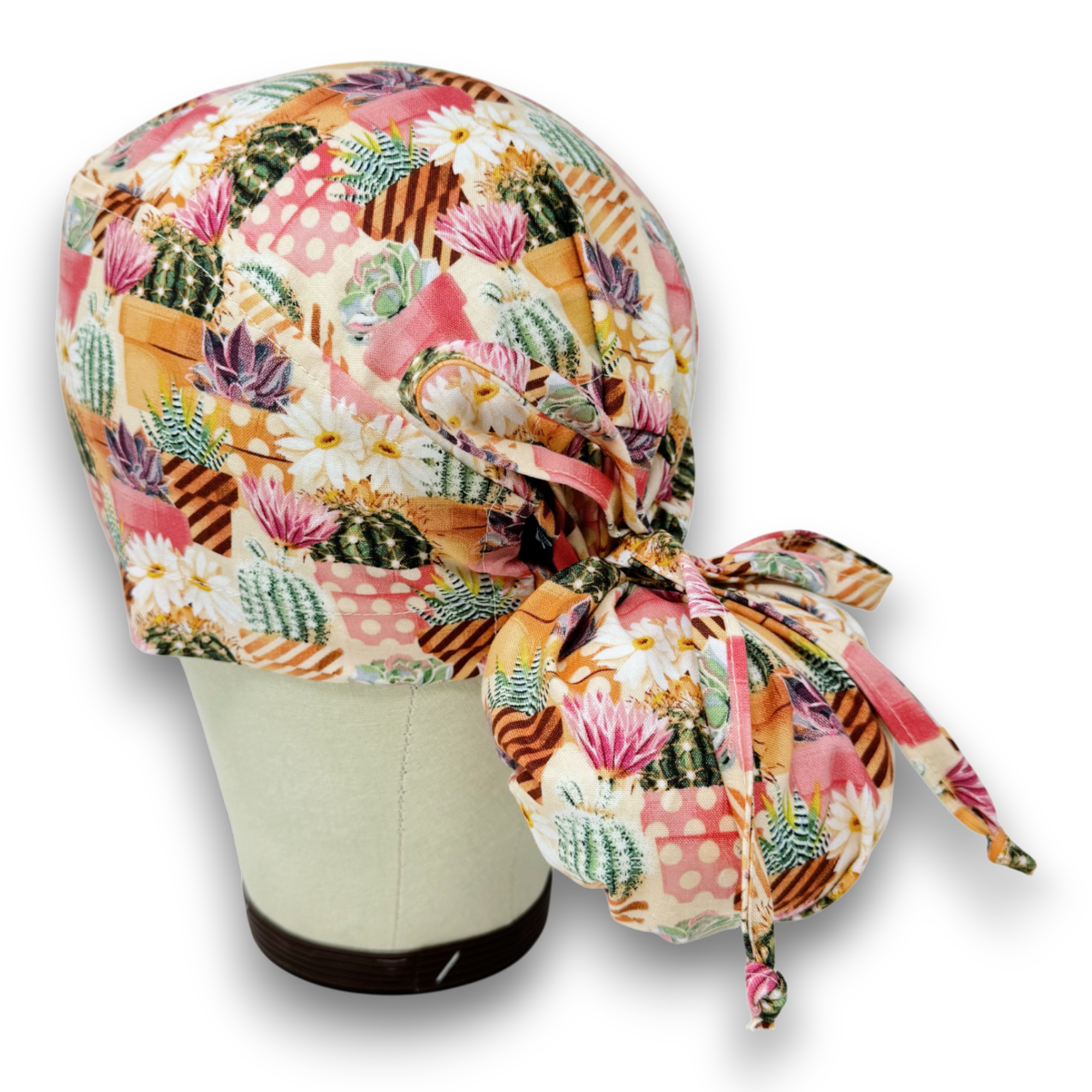 Cactus surgical cap for women with ponytail. Plant Ponytail scrub hat satin lined option by Paradise Caps.