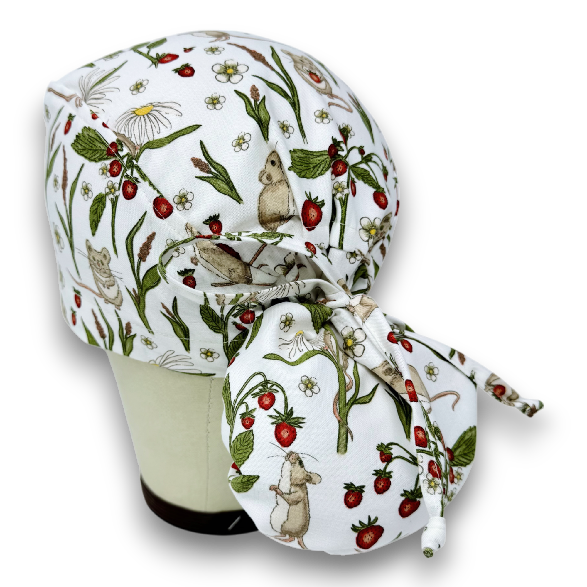 Meadow Mice Ponytail scrub cap for women with satin lined option by Paradise Caps.