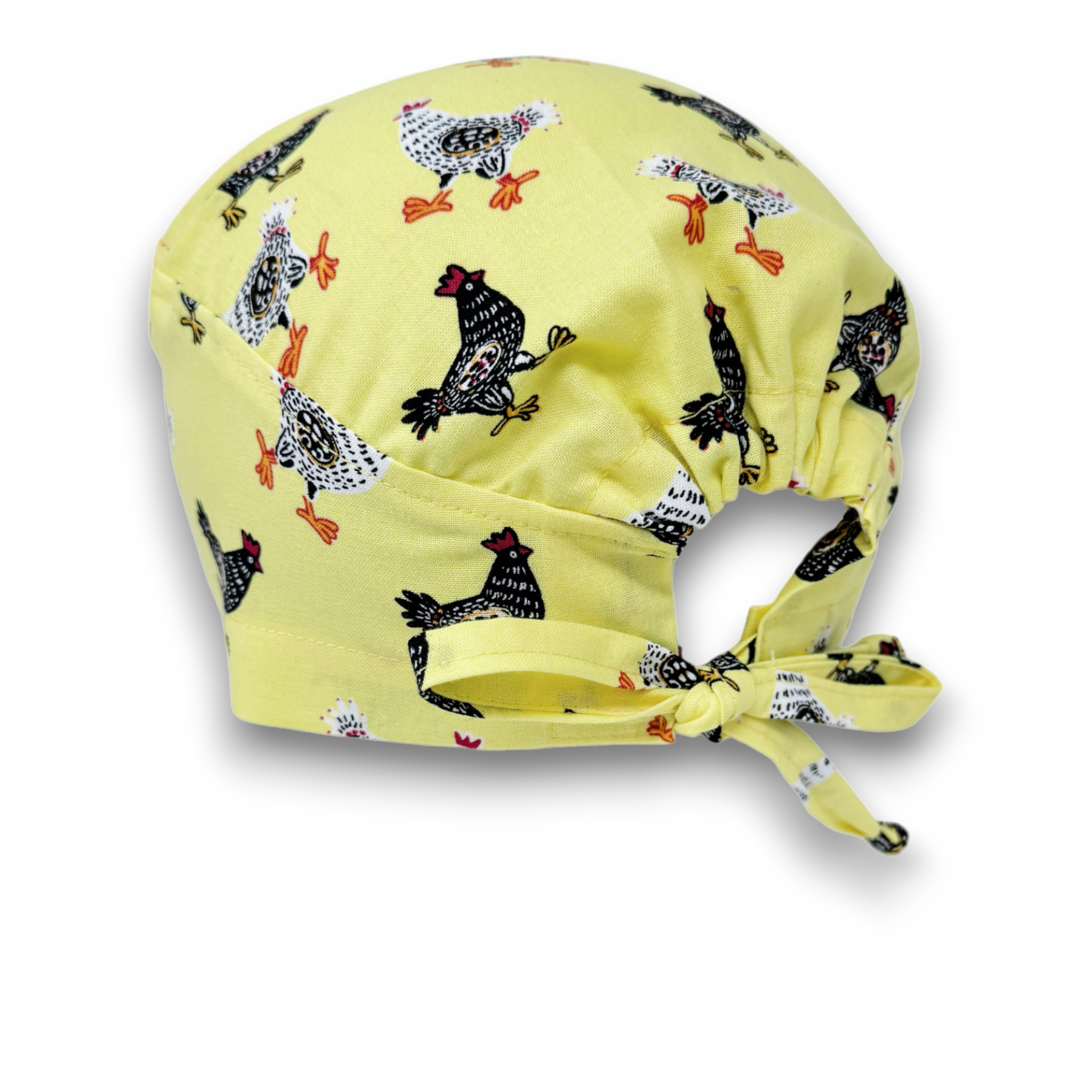 Chicken Surgical scrub cap for men. Funny tie back scrub hat by Paradise Caps. Yellow.