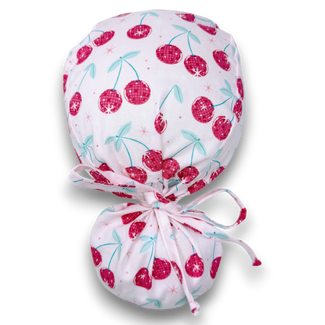 Cherry Ponytail scrub cap for women with satin lined option by Paradise Caps.