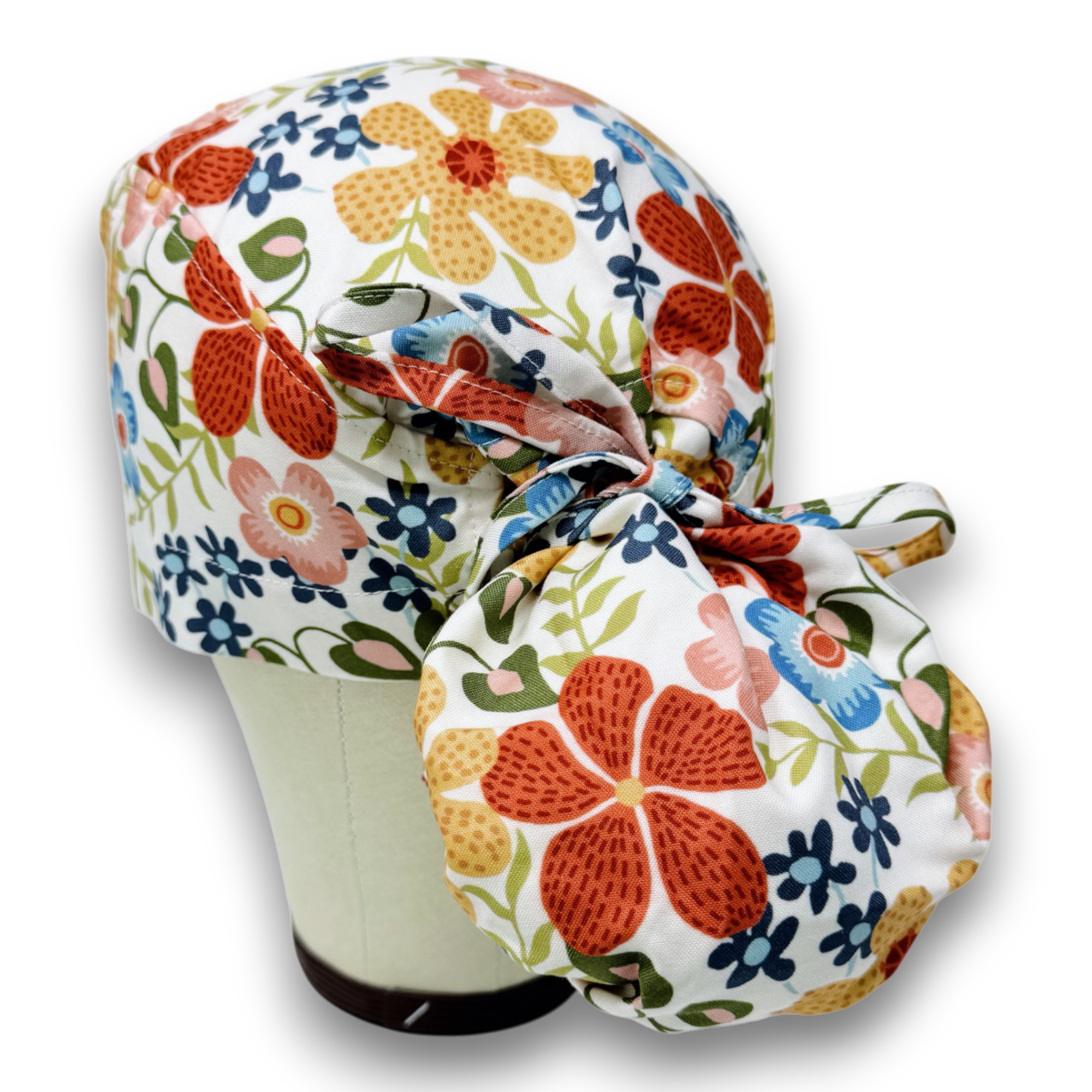 Retro Floral Ponytail scrub cap for women with satin lined option by Paradise Caps.
