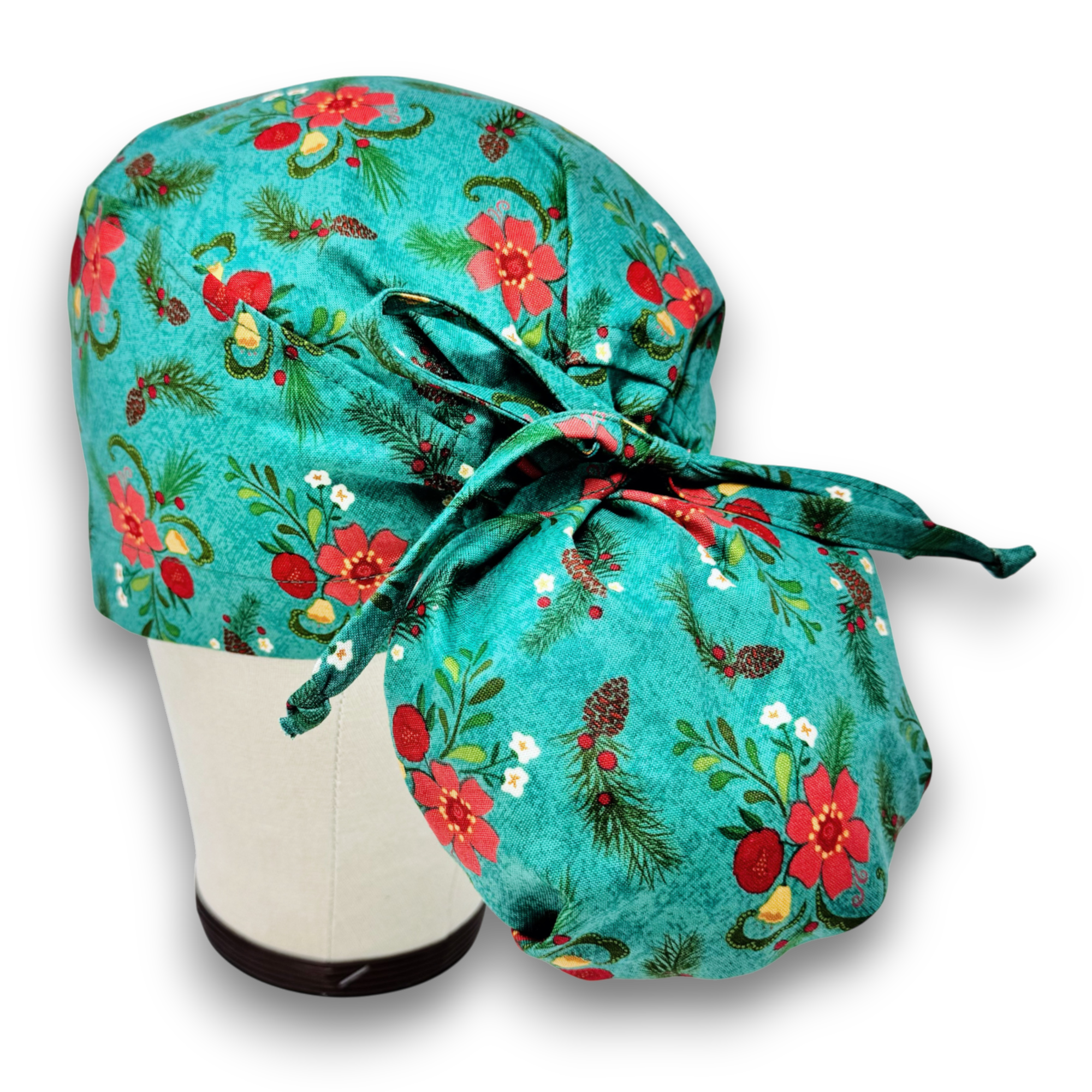 Christmas Ponytail scrub cap for women with satin lined option by Paradise Caps.