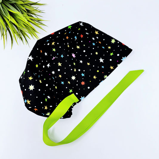 Star Gazing Euro PLUS style with ties Scrub Cap for Women, European Surgical cap with Satin Lined Option.