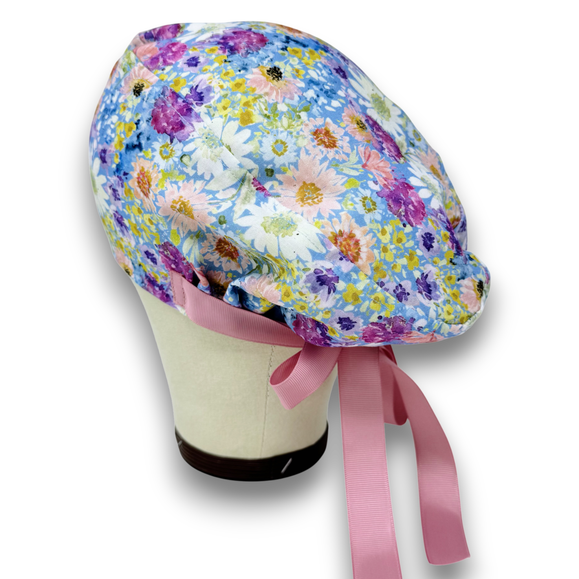 Summer Euro scrub cap with ties for Women. Watercolor Floral Print European Surgical cap with Satin Lined by Paradise Caps.