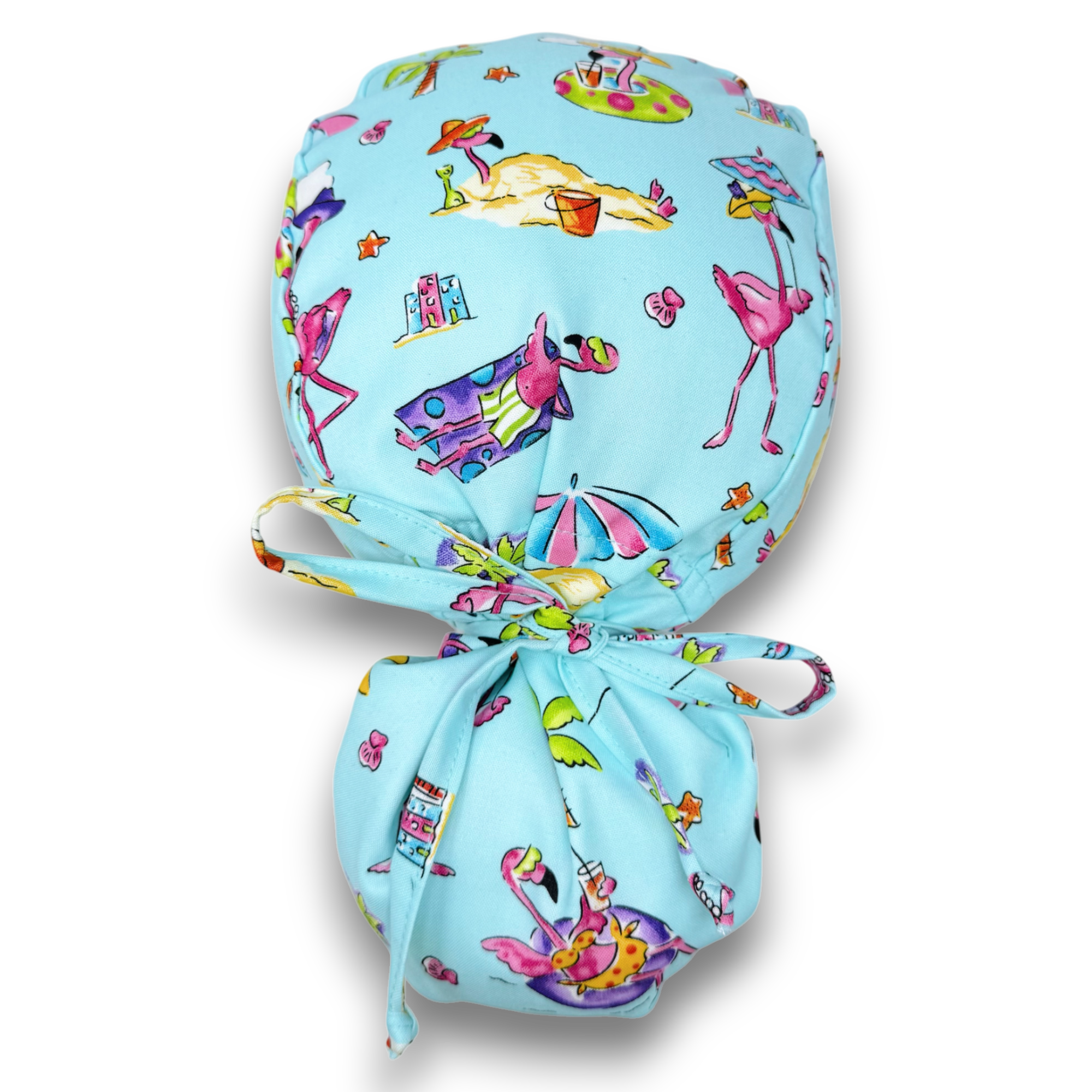 Flamingo Ponytail scrub cap for women with satin lined option by Paradise Caps.