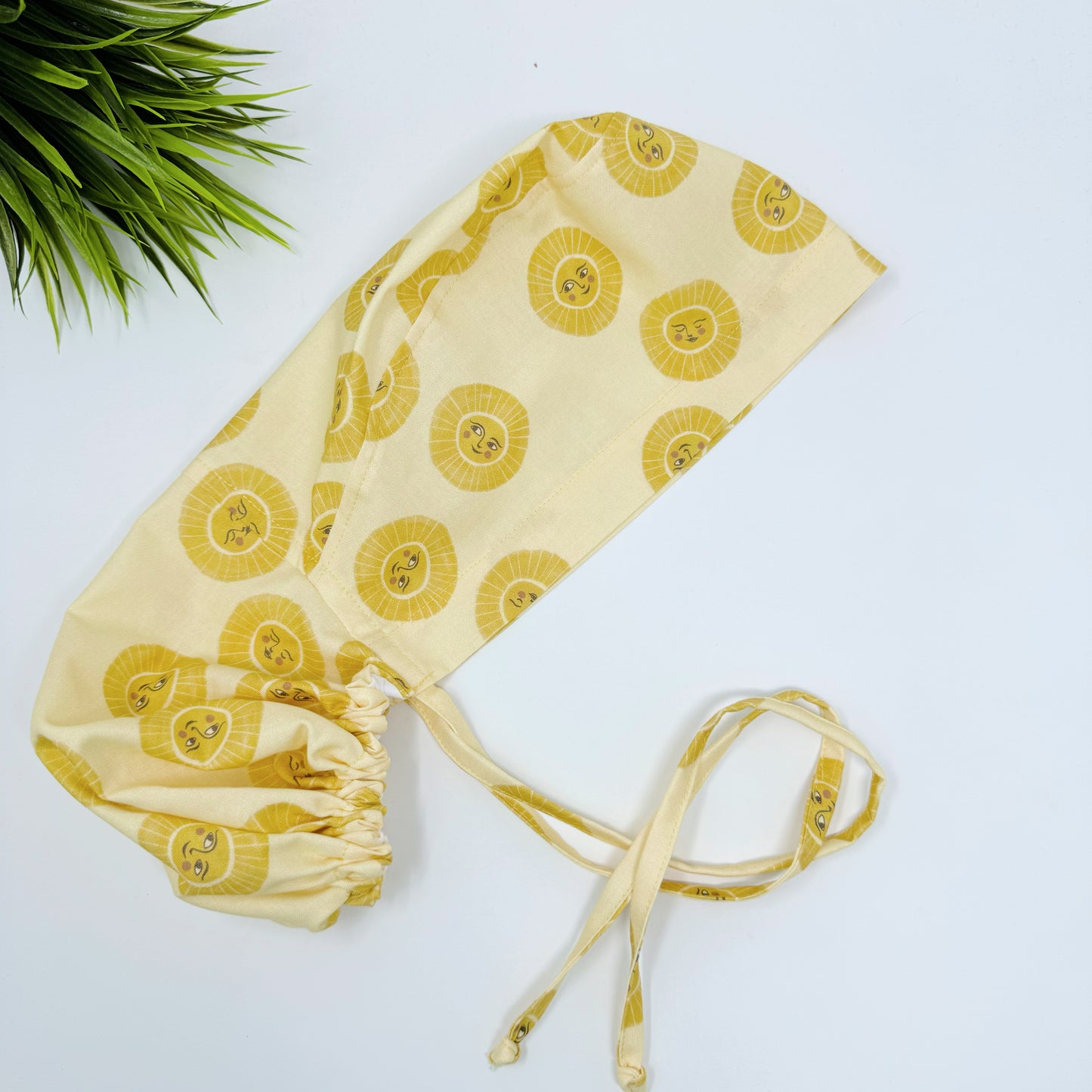 Lemon Sunshine Ponytail scrub cap, Surgical cap women. Satin Lined Option Surgical cap with ponytail.