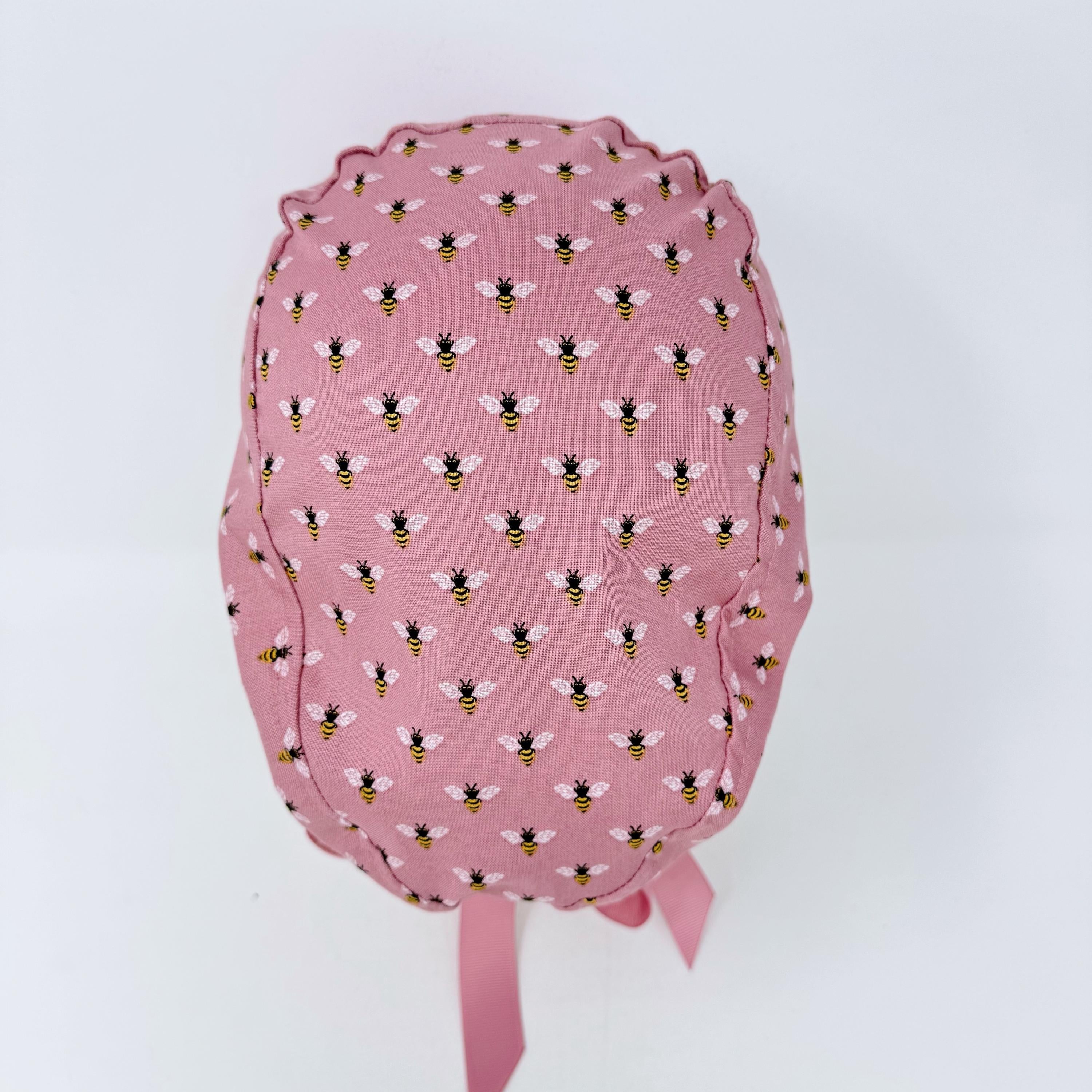 Bee Euro scrub cap with ties for Women, Pink European Surgical cap with Satin Lined Option by Paradise Caps. Euro PLUS style.
