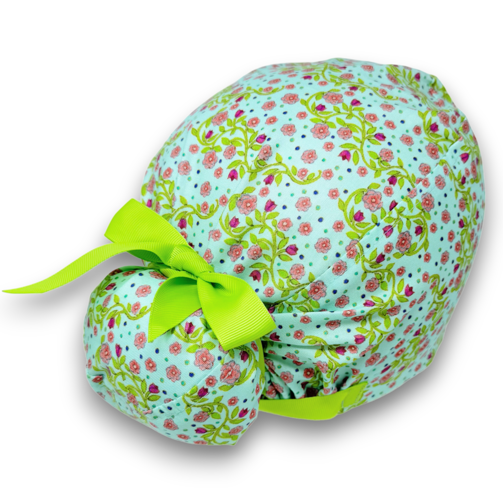 Pink flower Ponytail scrub cap for women with satin lined option by Paradise Caps.