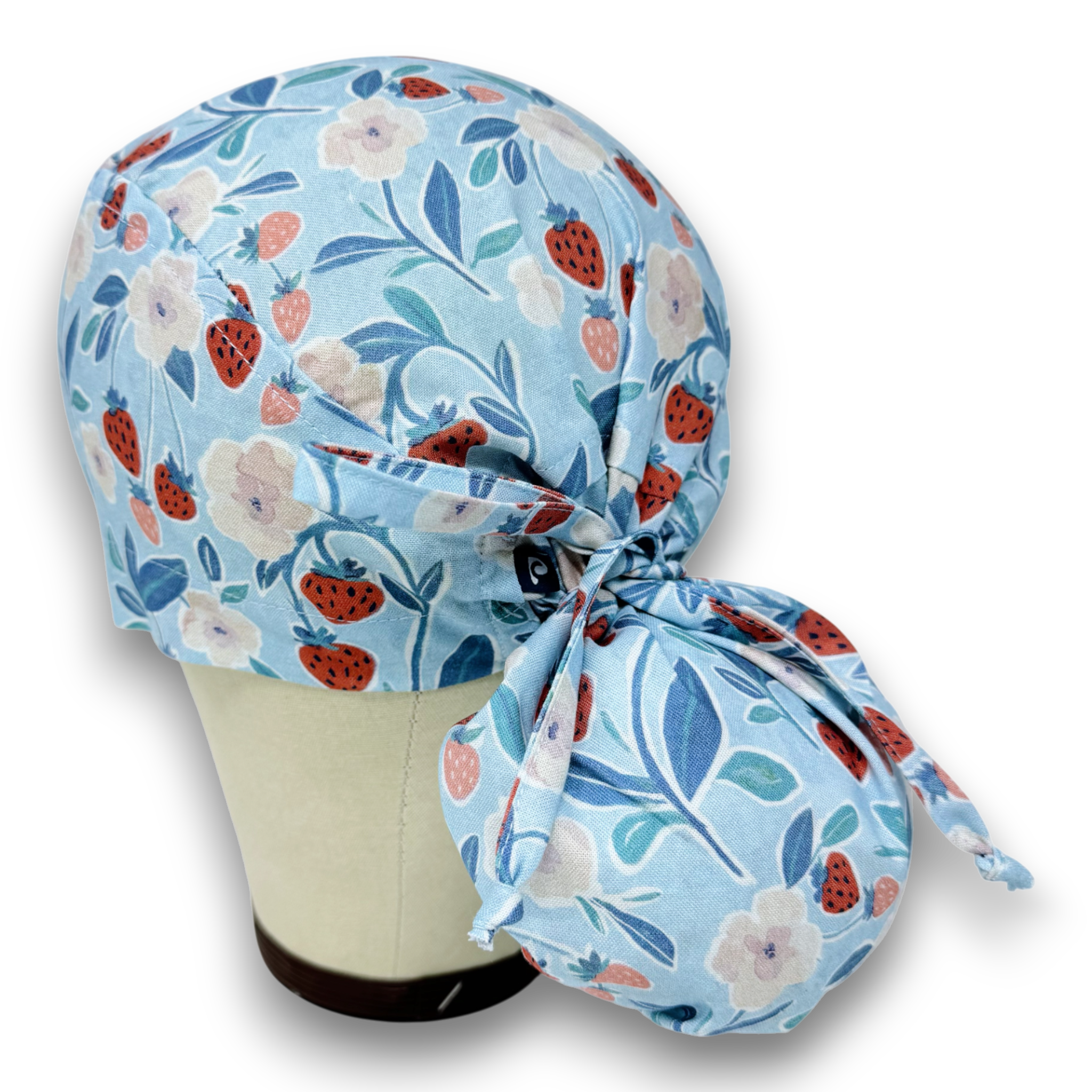 Strawberry Floral Ponytail scrub cap for women with satin lined option by Paradise Caps.