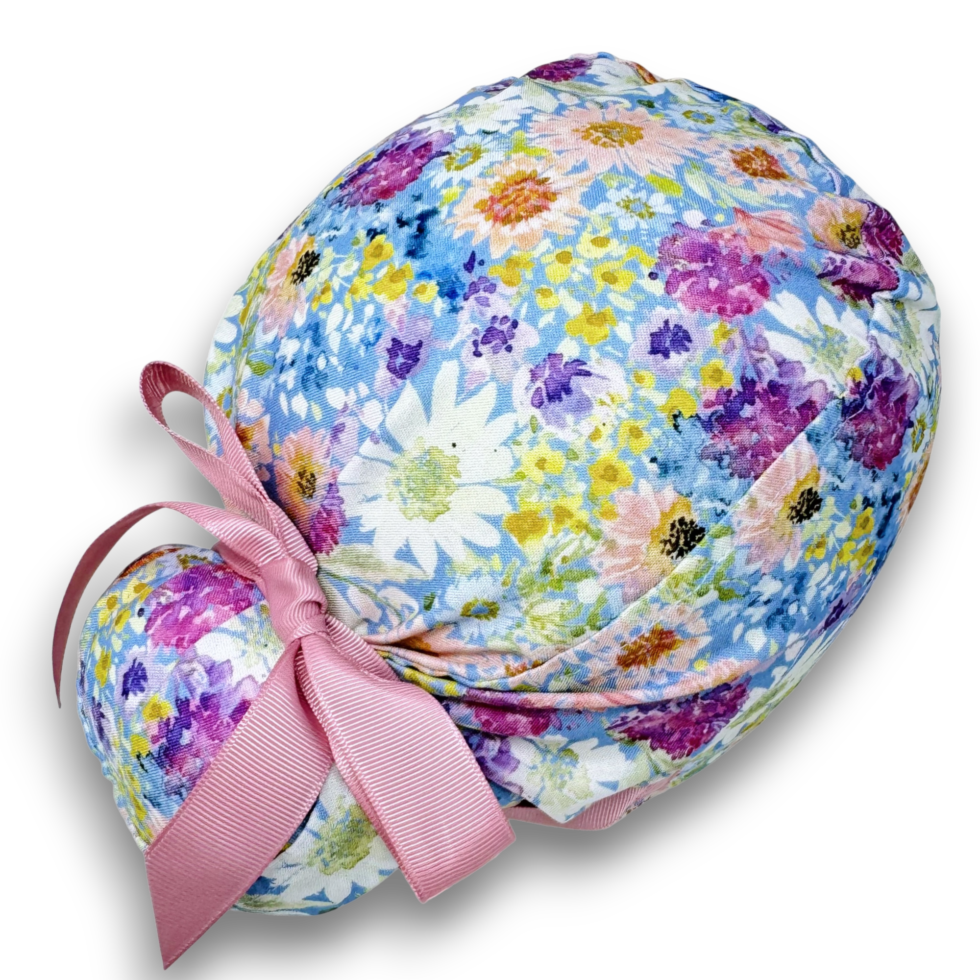 Summer Euro scrub cap with ties for Women. Watercolor Floral Print European Surgical cap with Satin Lined by Paradise Caps.