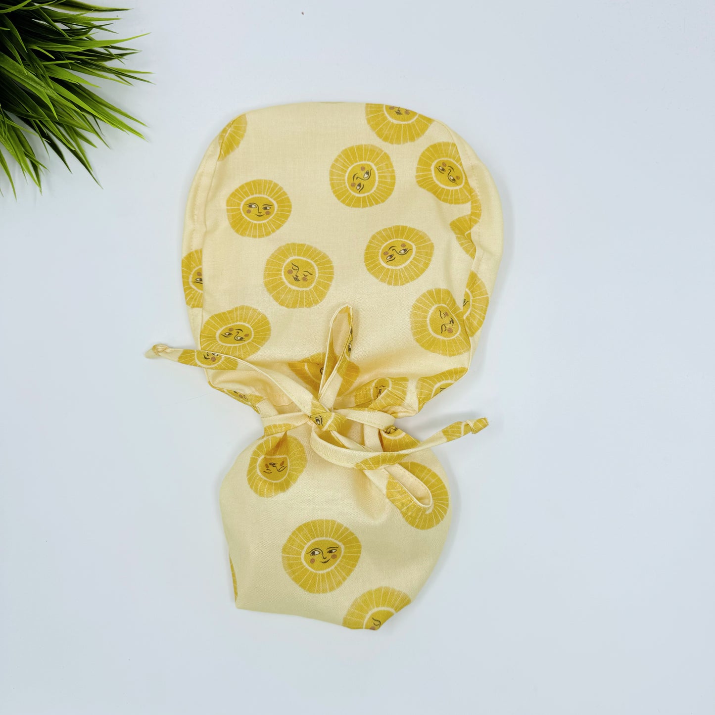 Lemon Sunshine Ponytail scrub cap, Surgical cap women. Satin Lined Option Surgical cap with ponytail.