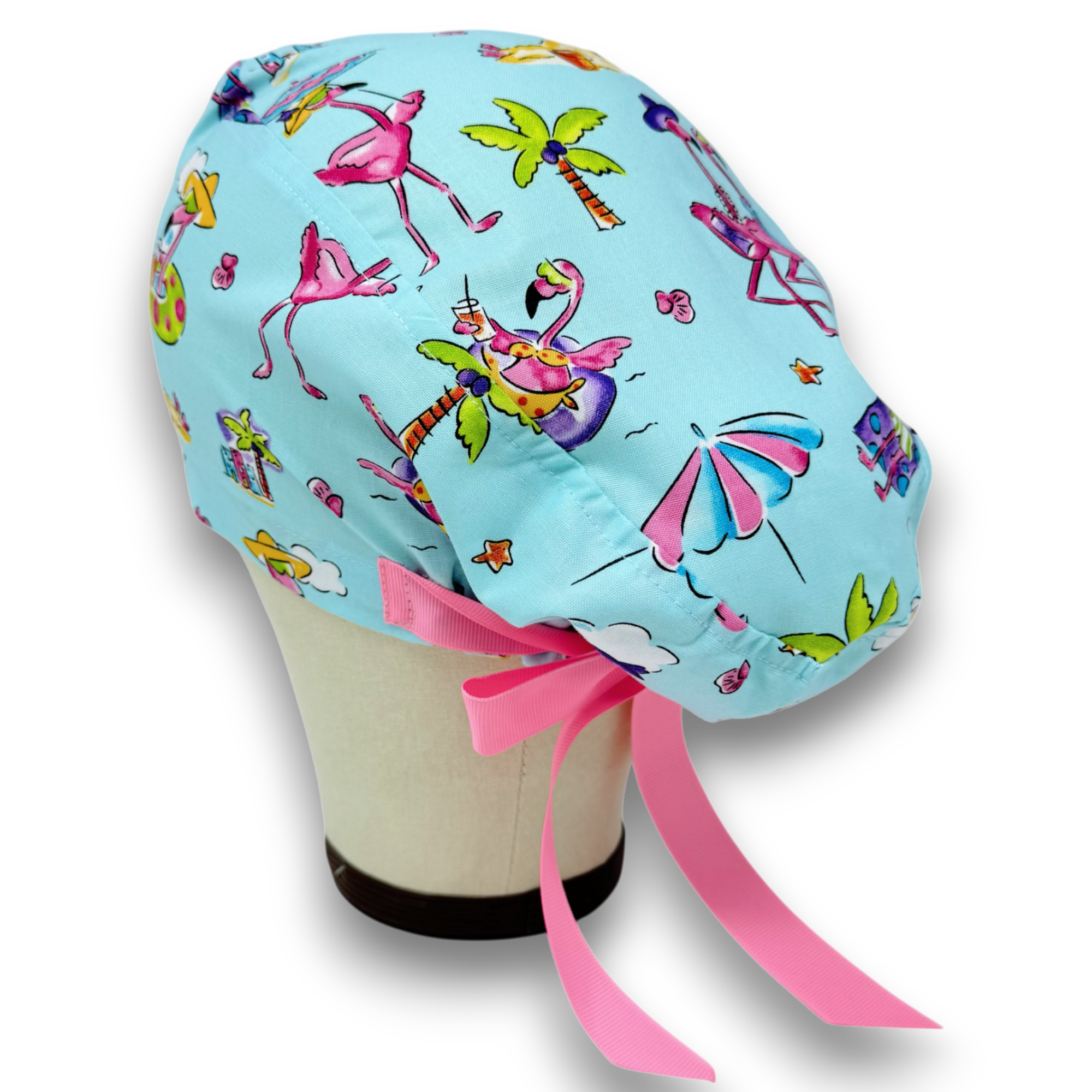 Flamingo Euro scrub cap with ties for Women by Paradise Caps. Euro PLUS style.