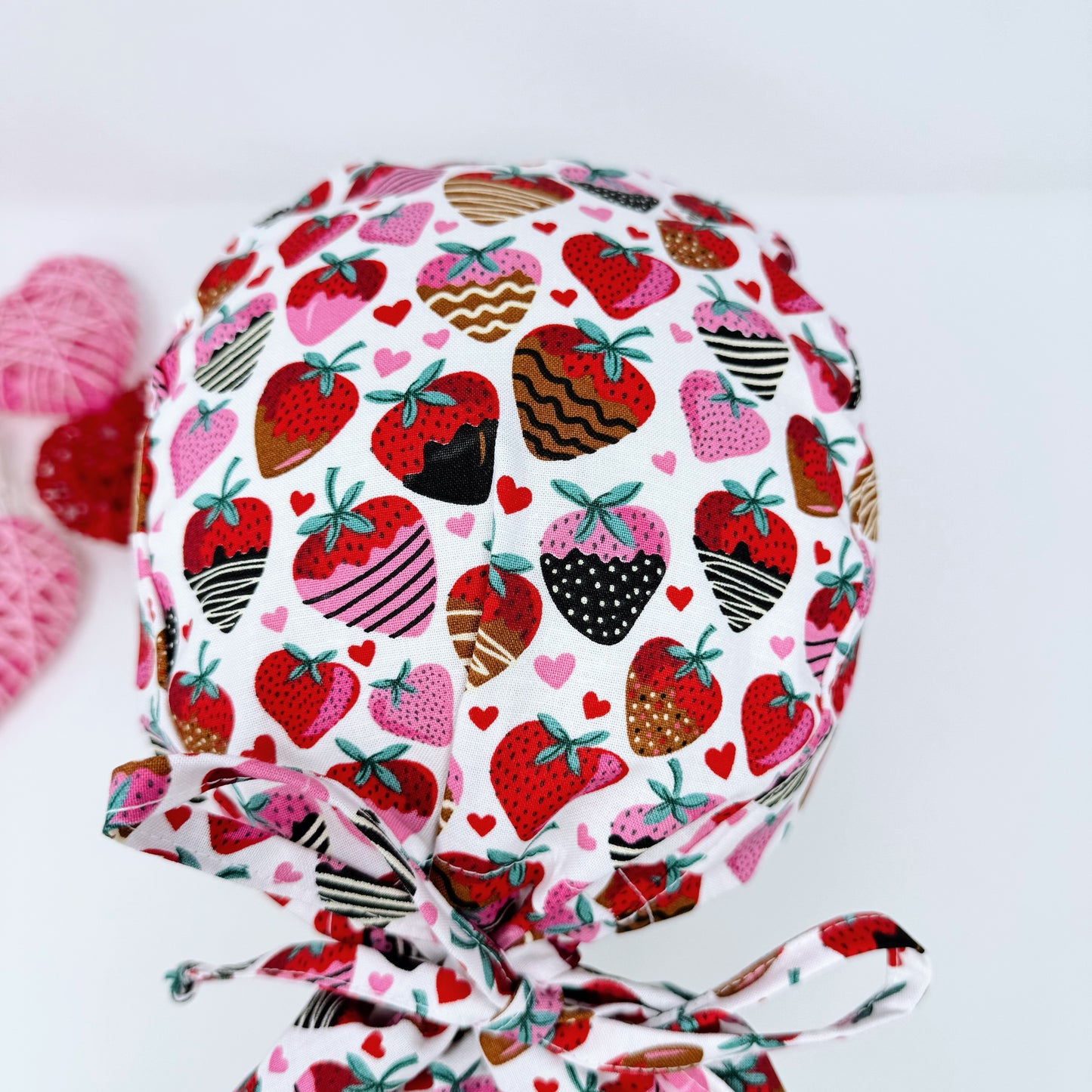 Valentine's day Ponytail scrub cap for women with Satin Lined by Paradise Caps. Strawberry scrub cap.