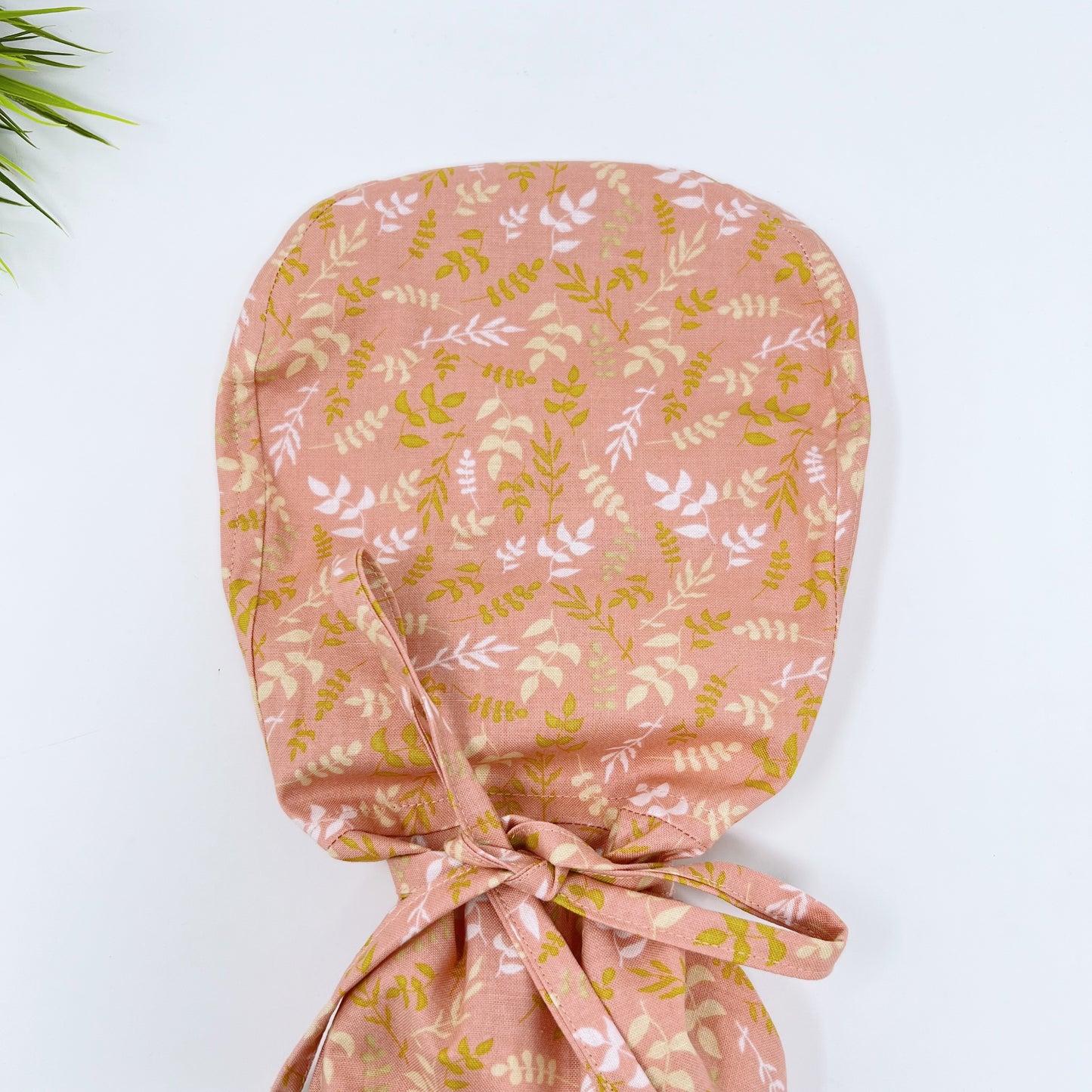 Leaves Coral Ponytail scrub cap, Surgical cap women. Satin Lined Option Surgical cap with ponytail.