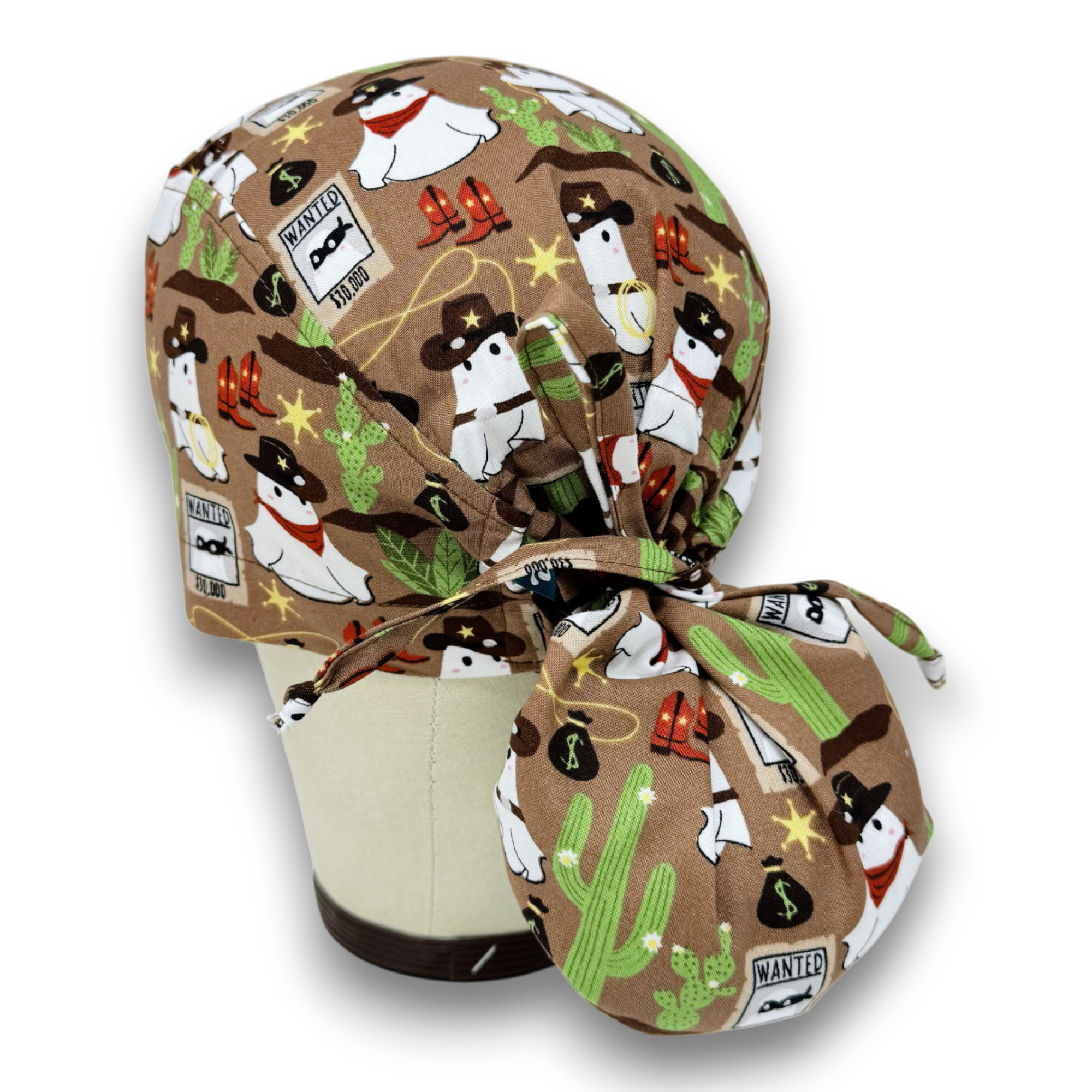 Cowboy Boo ponytail scrub cap, Halloween Surgical hat for women. Satin Lined Option Surgical cap by Paradise Caps.