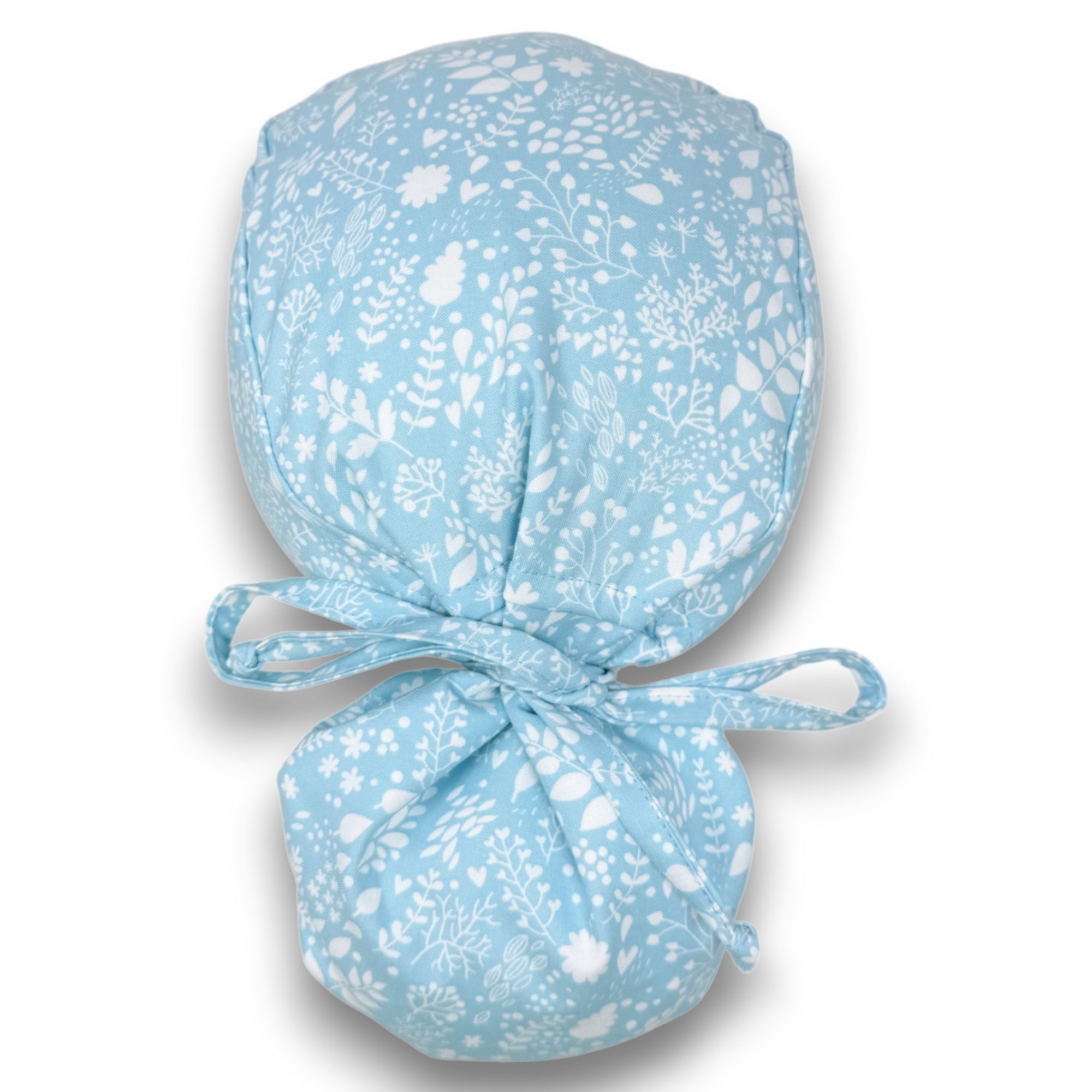 Light Blue Floral Ponytail scrub cap for women with satin lined option by Paradise Caps.