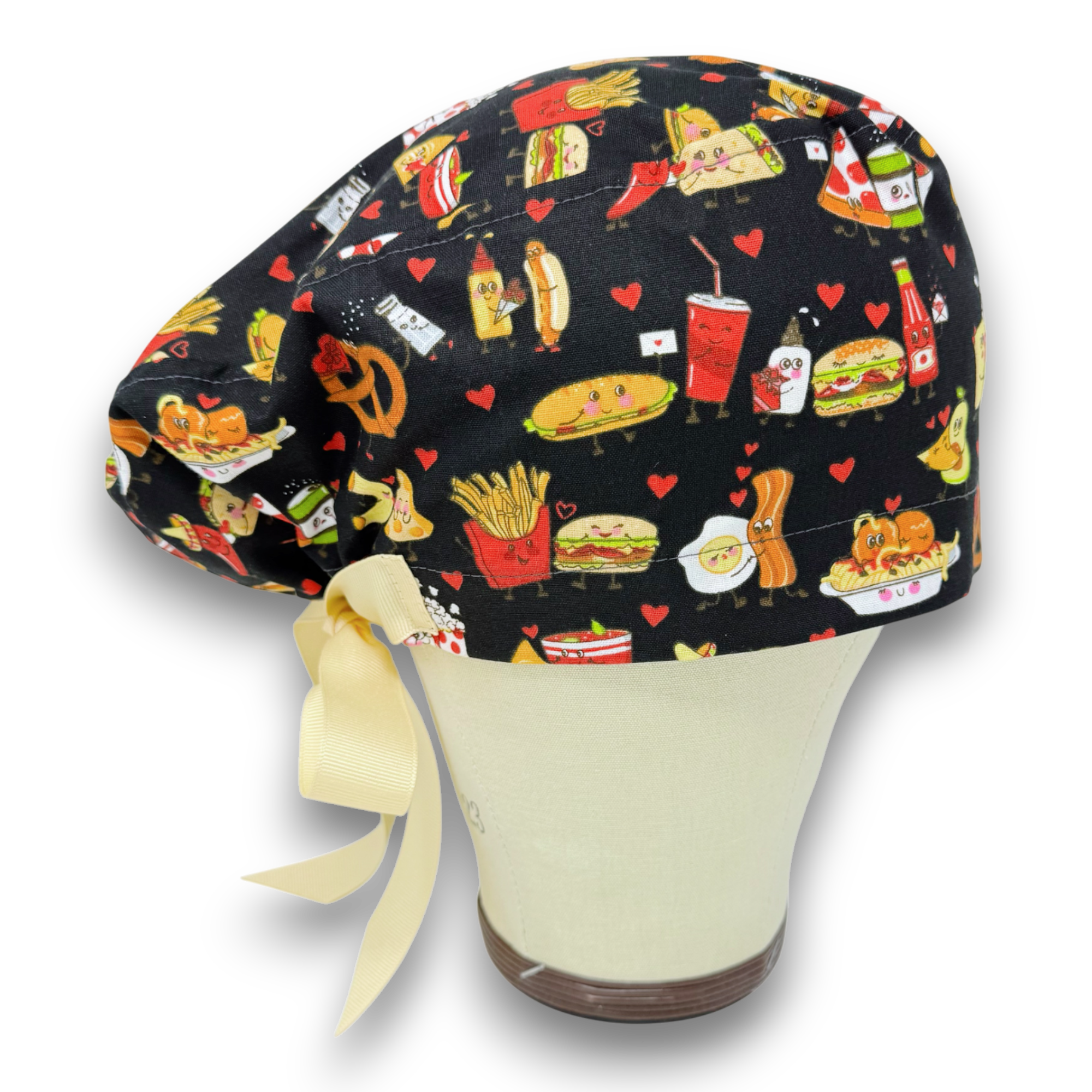 Food with Love Euro scrub cap with ties for Women by Paradise Caps. Euro PLUS style.