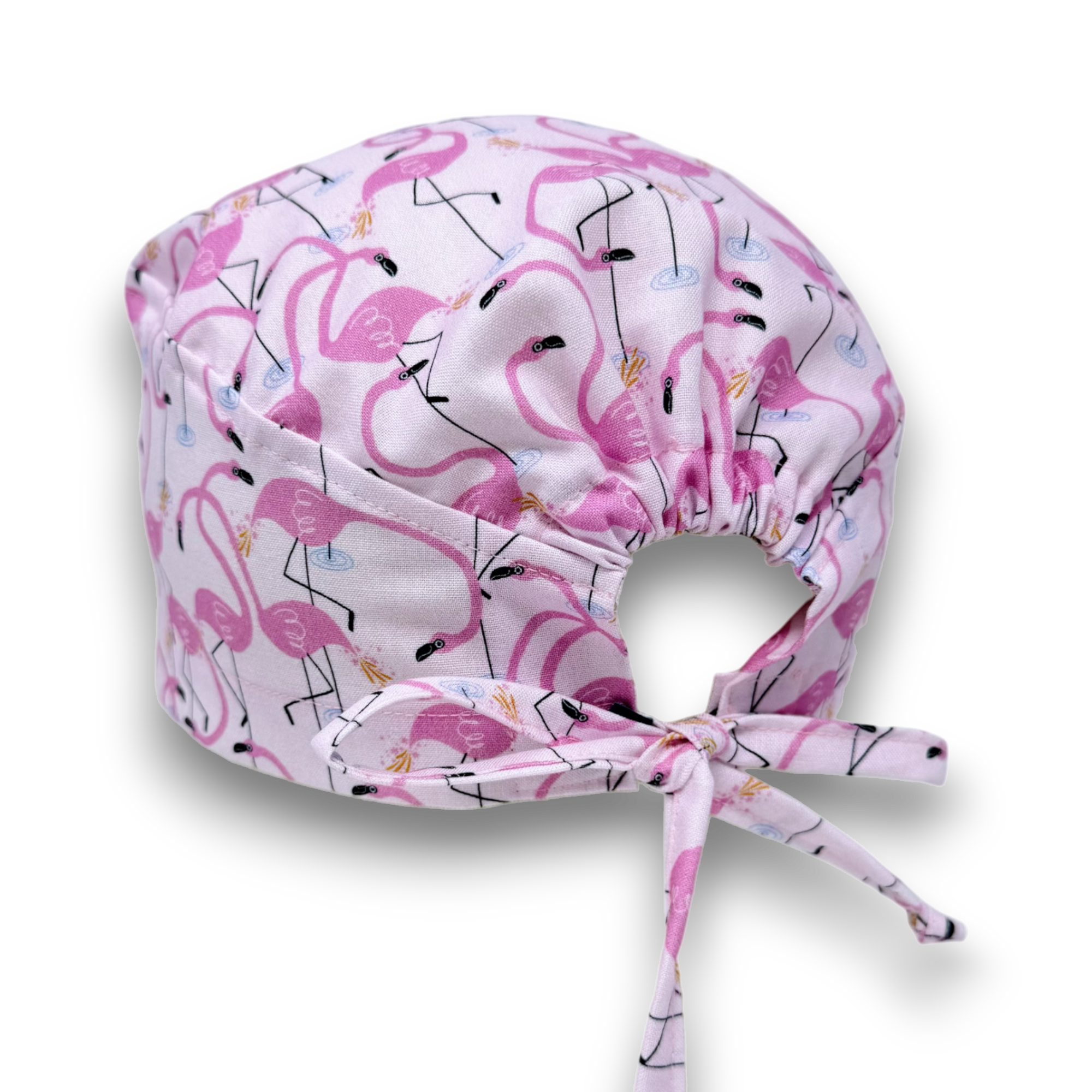 Flamingo Skull tie-back style surgical scrub cap with satin lined option by Paradise Caps.