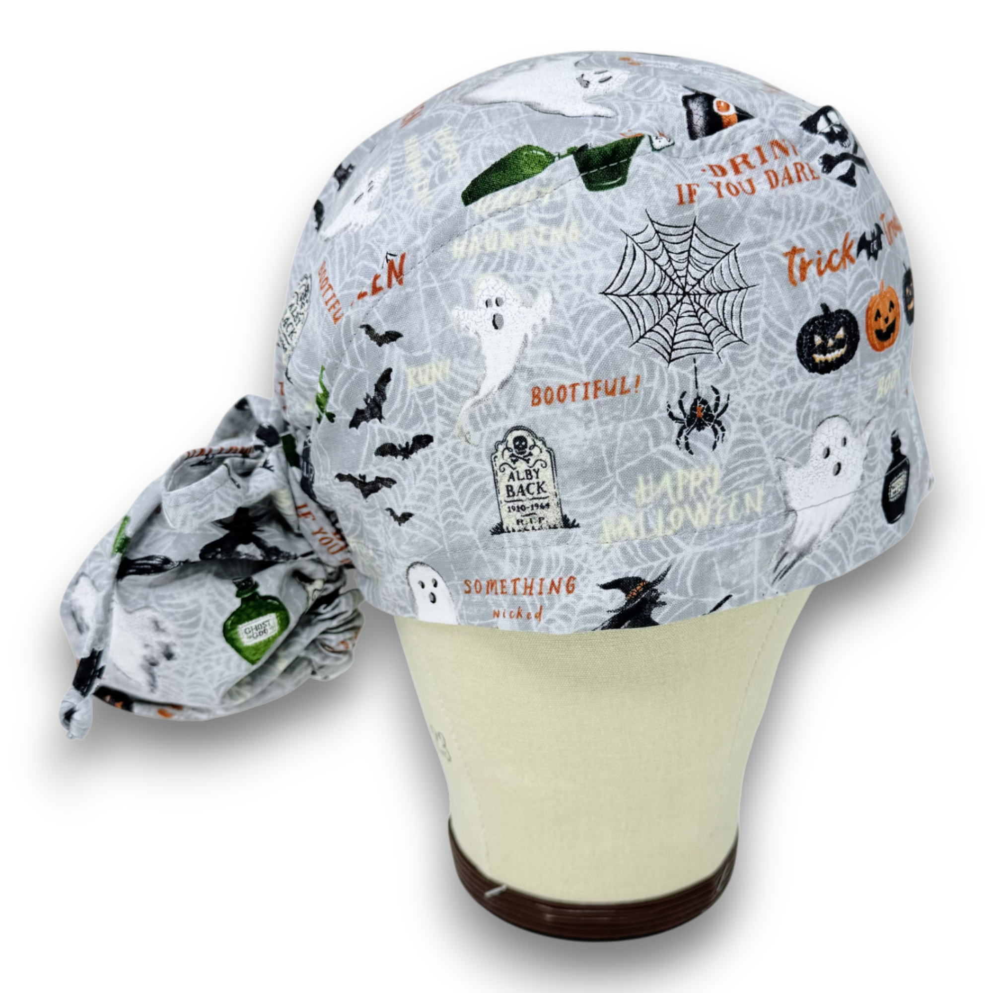 Spooky Night Ponytail scrub cap for women with satin lined option by Paradise Caps.