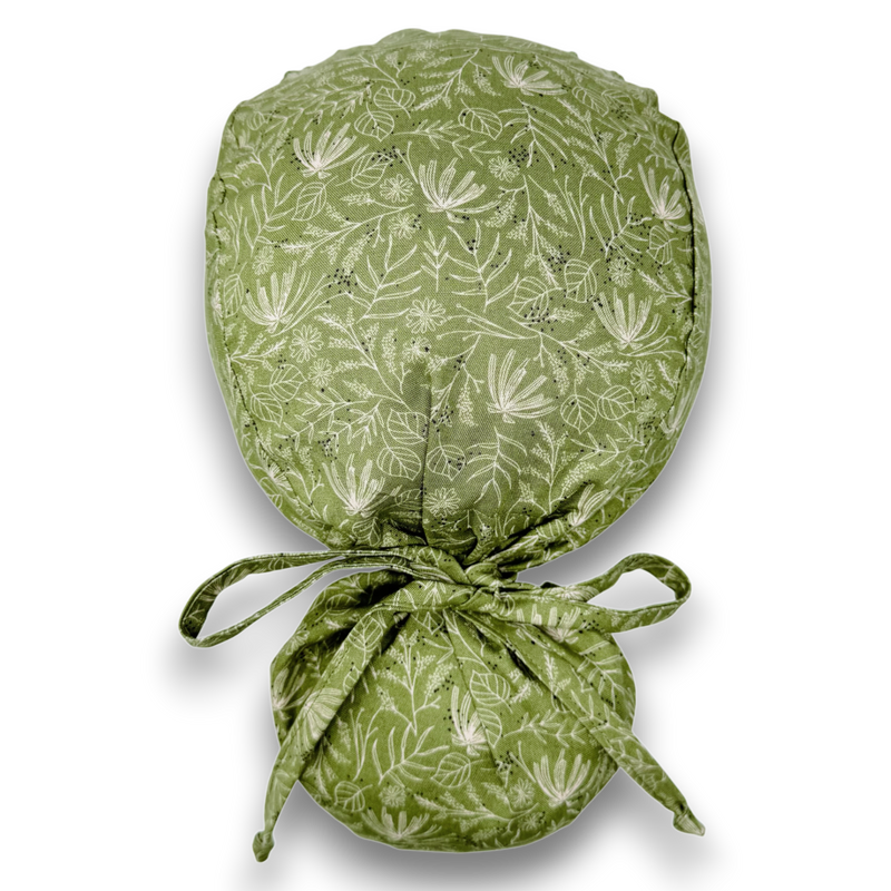 Green Floral ponytail scrub cap for women, satin-lined option — Paradise Caps