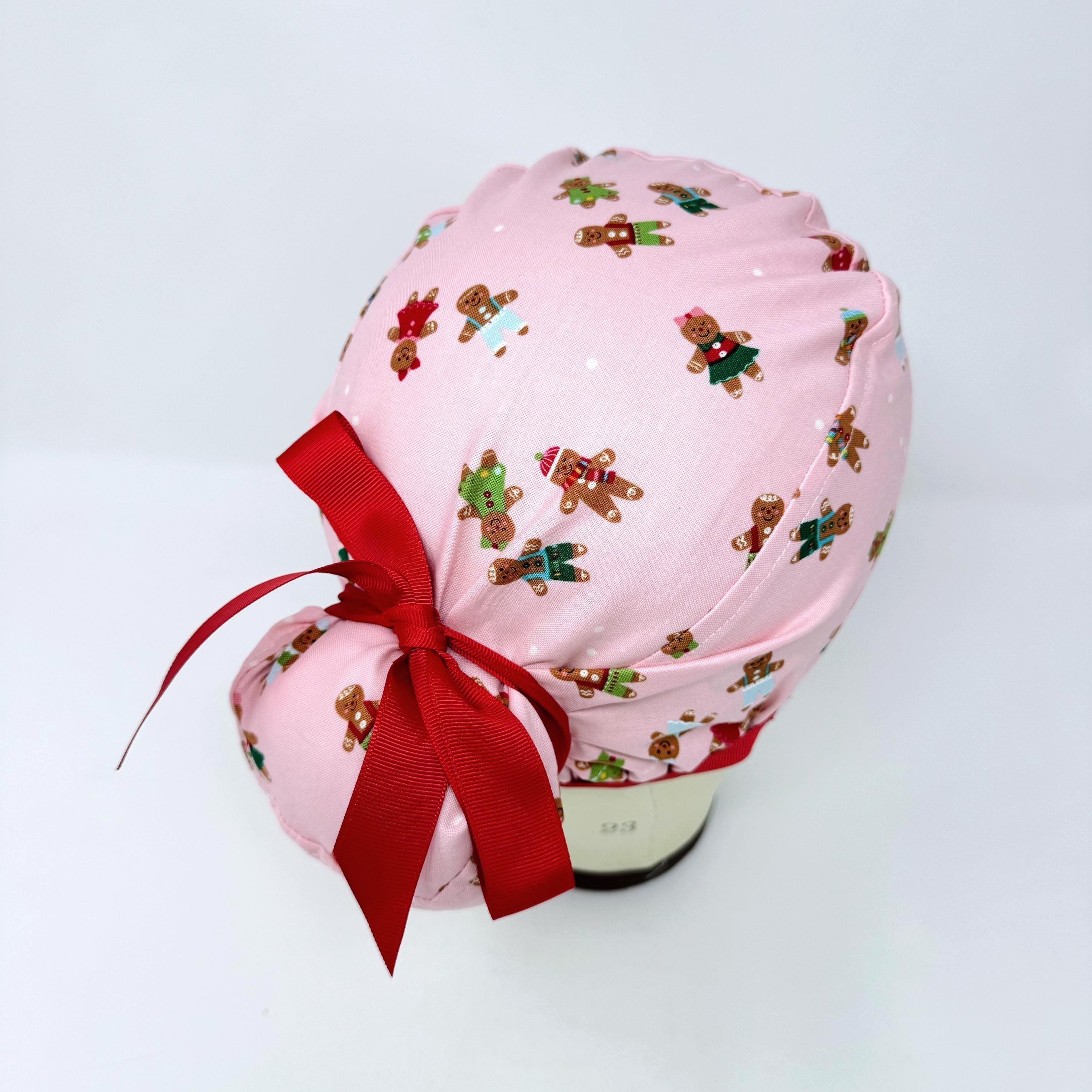 Gingerbread Euro scrub cap with ties for Women, Cute Christmas European Surgical cap with Satin Lined by Paradise Caps. Euro PLUS style Pink