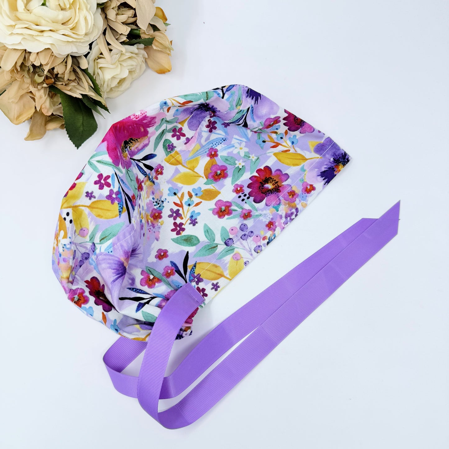 Floral Euro scrub cap with ties for Women, Purple flower European Surgical cap with Satin Lined by Paradise Caps.