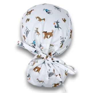 Ponytail scrub cap by Paradise Caps. Funny dogs Surgical hat for women with satin lined option.
