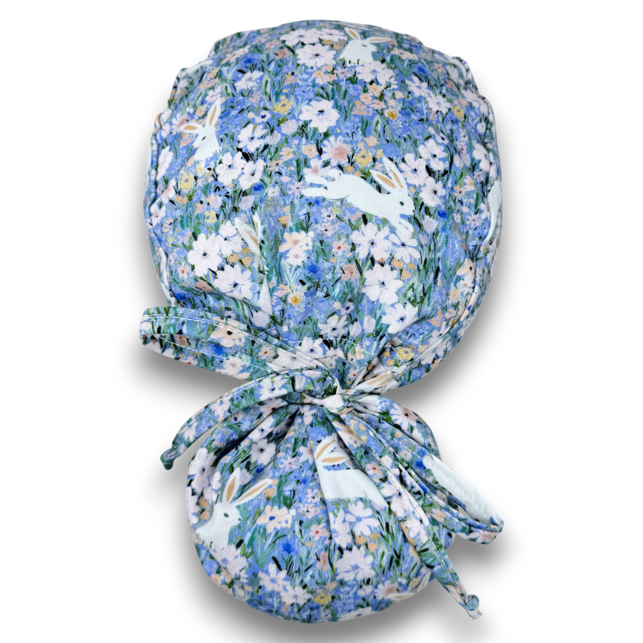 Spring Bunnies Ponytail scrub cap for women with satin lined option by Paradise Caps.