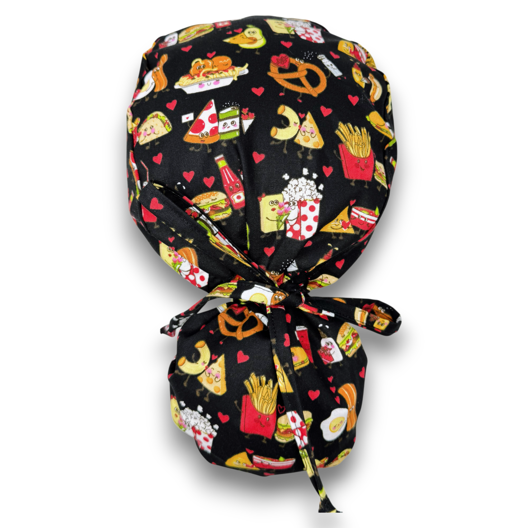 Food with Love Ponytail scrub cap for women with satin lined option by Paradise Caps.
